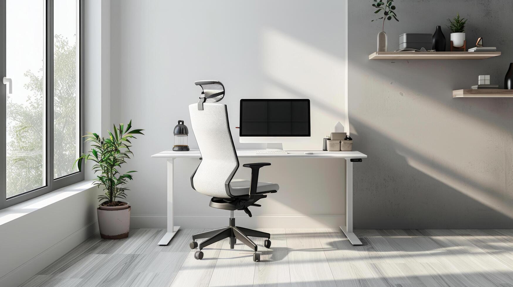 AI generated A minimalist home office with a simple desk, ergonomic chair photo