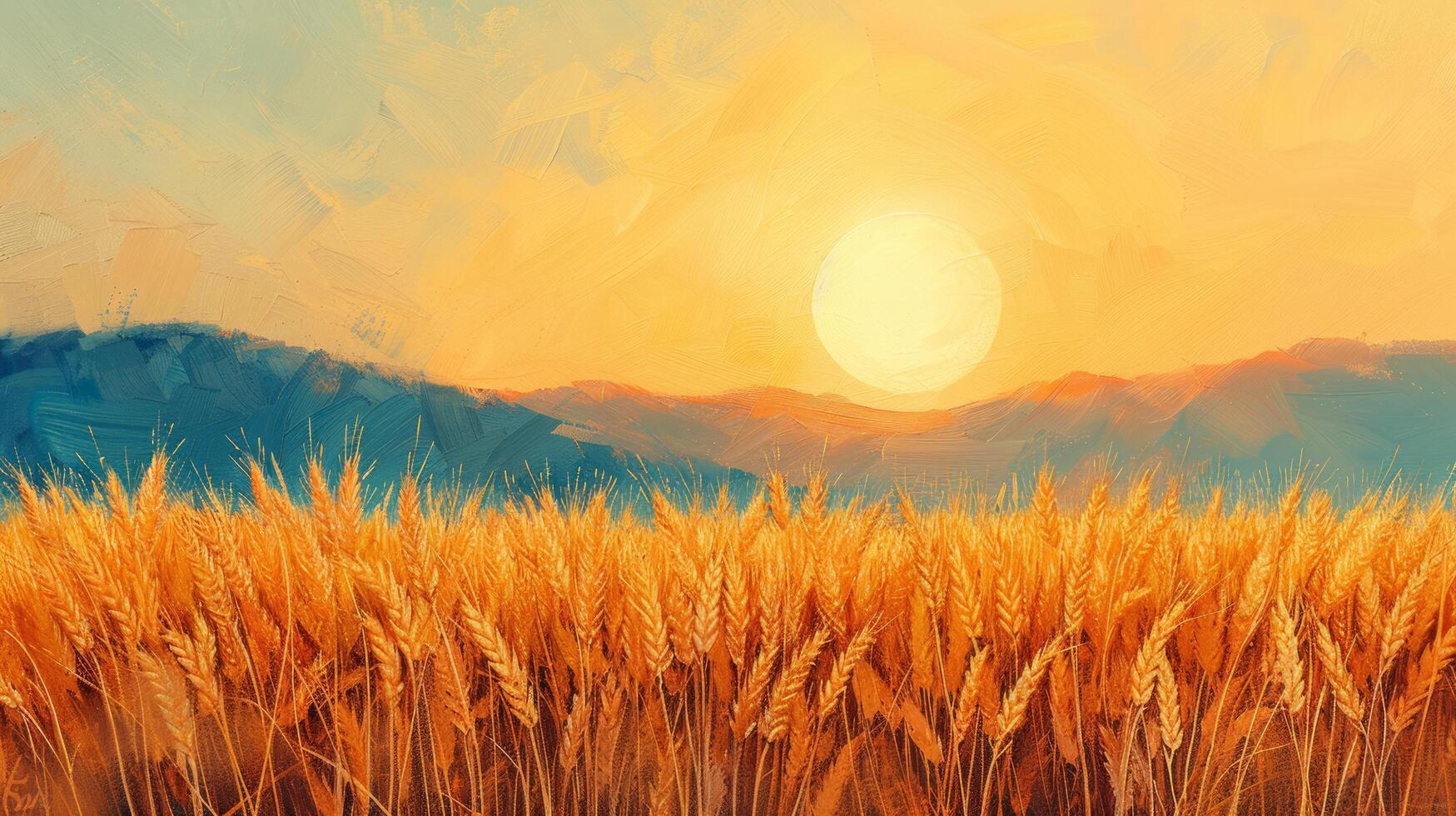 AI generated golden wheat field, with ripe wheat swaying in wind and the sun casting a warm glow over the scene photo