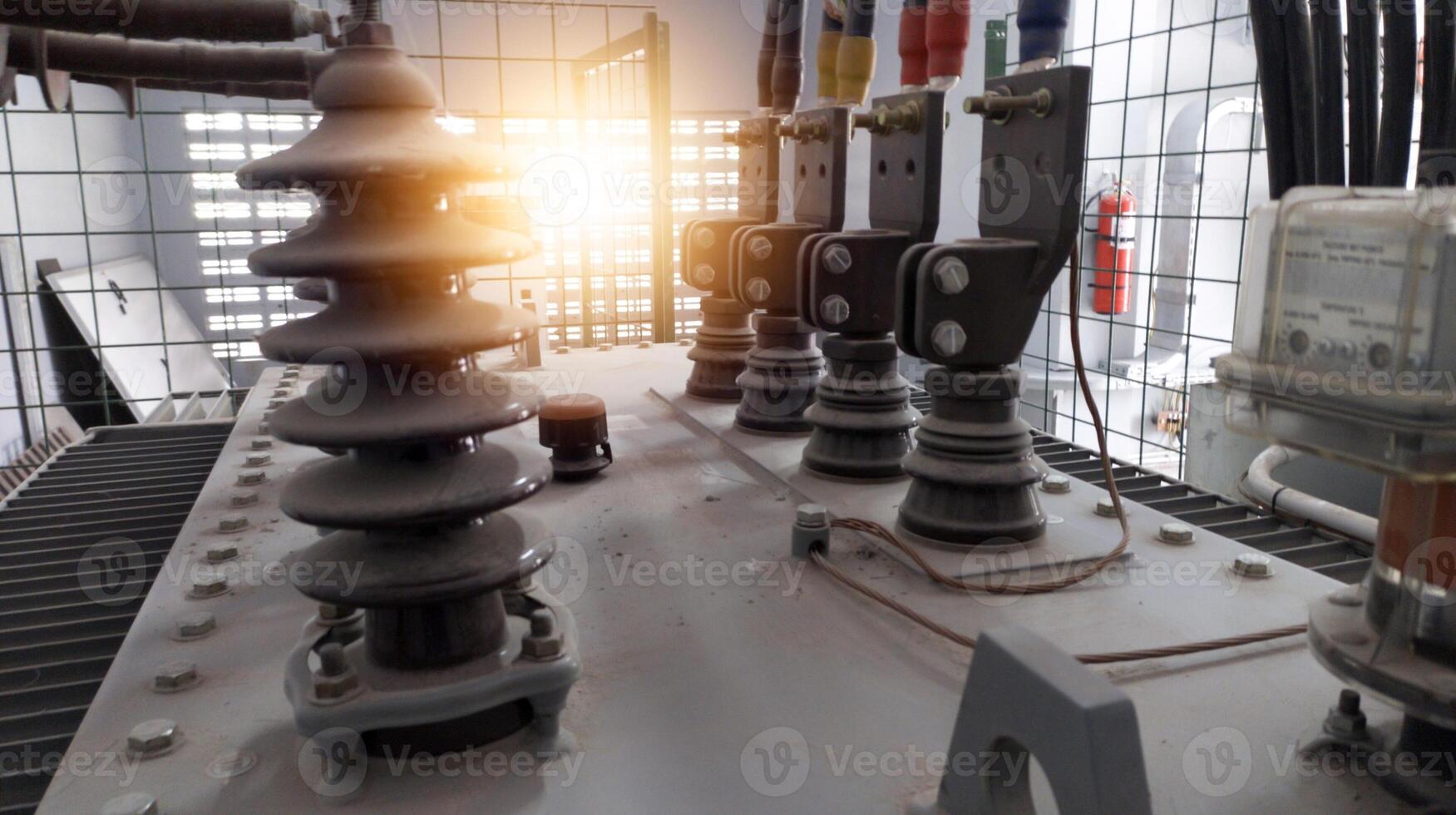 Terminals Conection Cable on High voltage transformer with electrical insulation and electrical equipment in power house on factory. photo