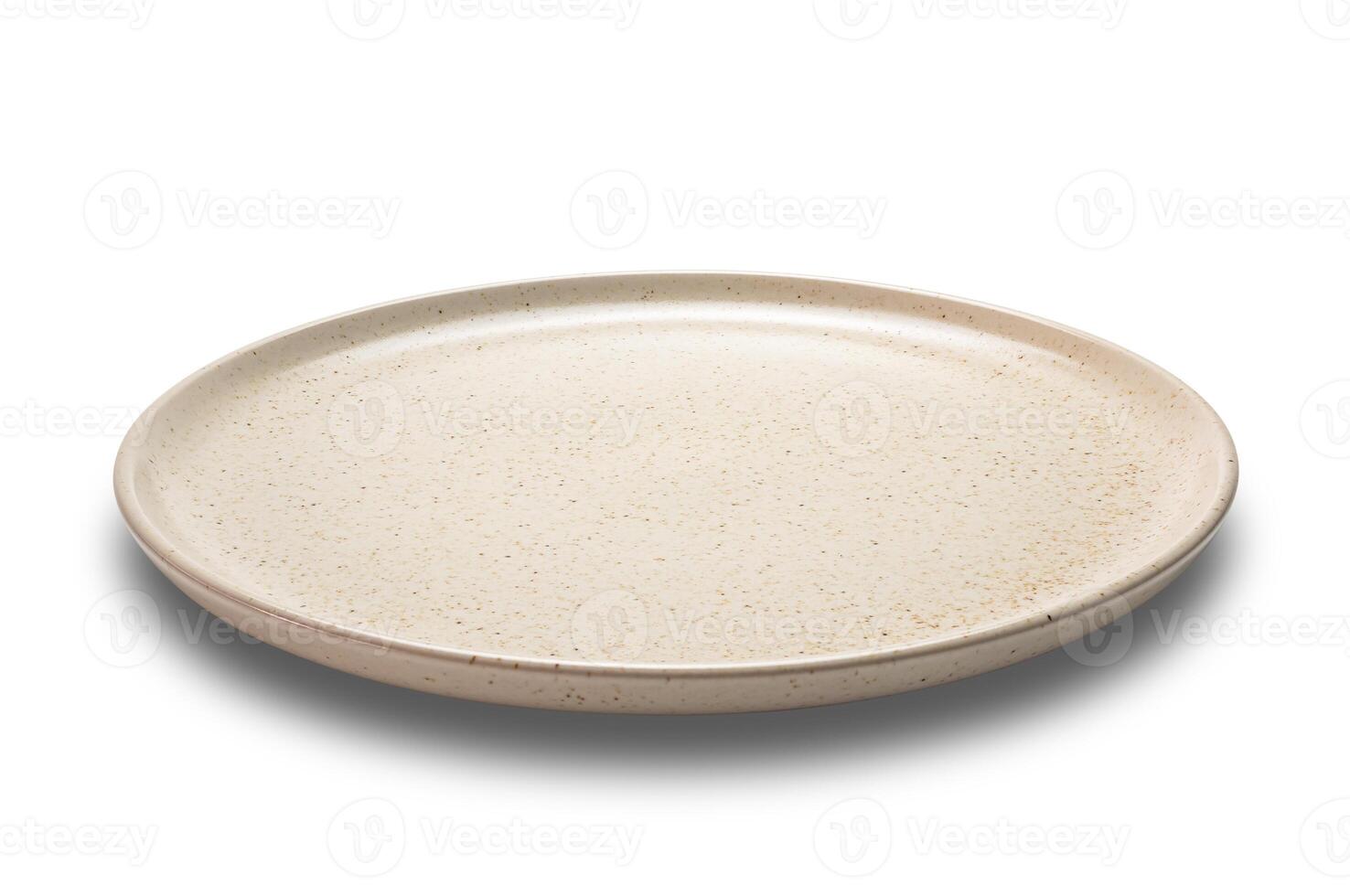 High angle view of empty brown spotted shallow ceramic plate isolated on white background with clipping path. photo