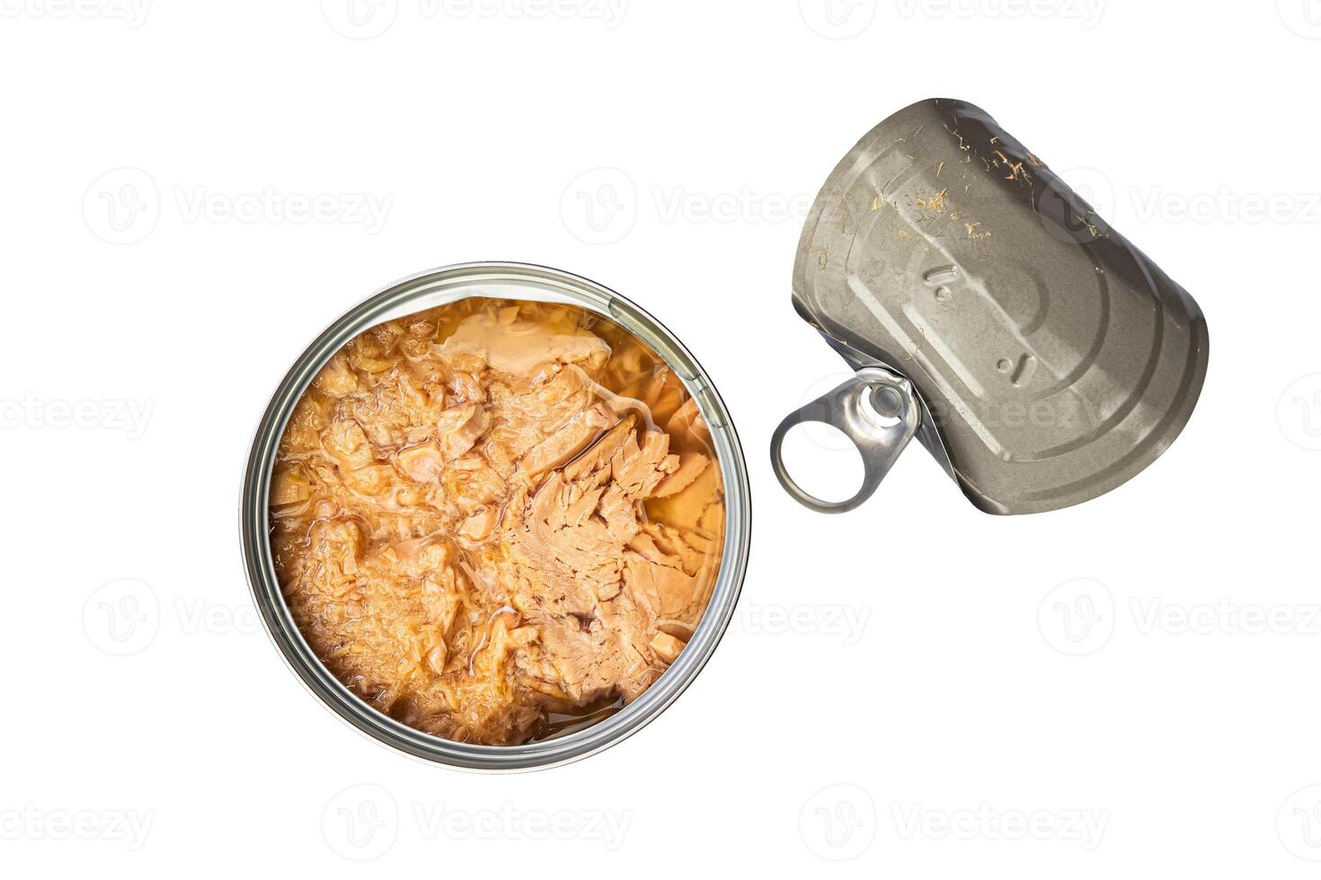 Top view of opened tin canned tuna fish with lid isolated on white background with clipping path. photo