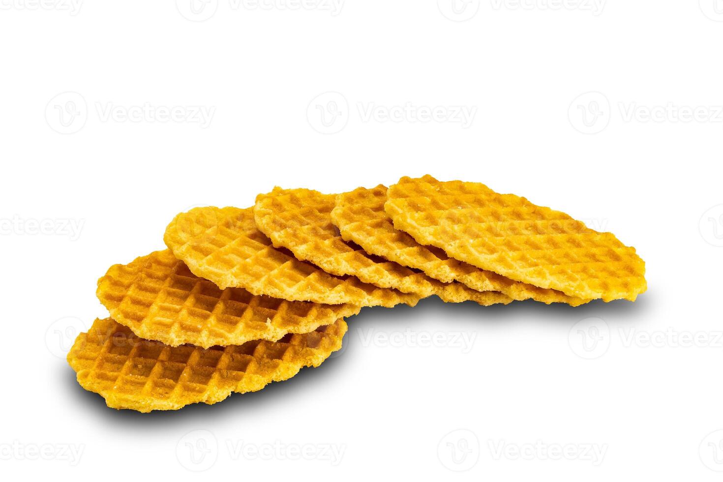 Closeup view of sweet freshly baked crispy waffles on white background with clipping path. photo