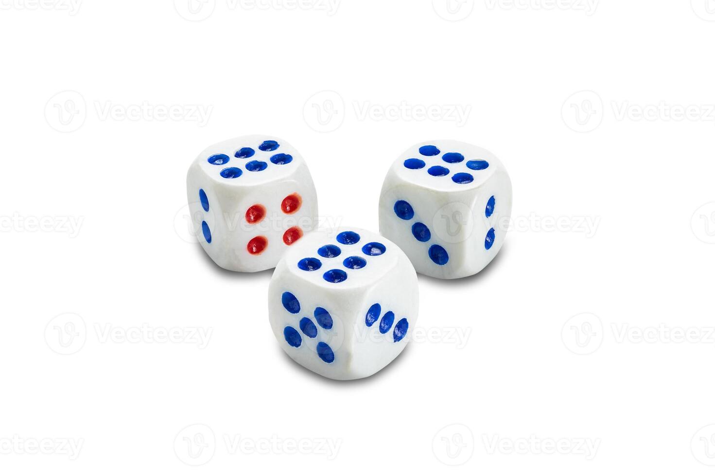 High angle view of three dice isolated on white background with clipping path, closeup, horizontal format. photo