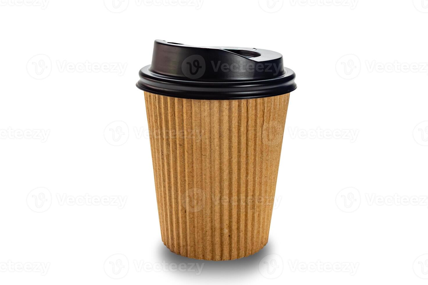Side view closeup of empty single brown corrugated paper coffee cup with black lid isolated on white background with clipping path. photo