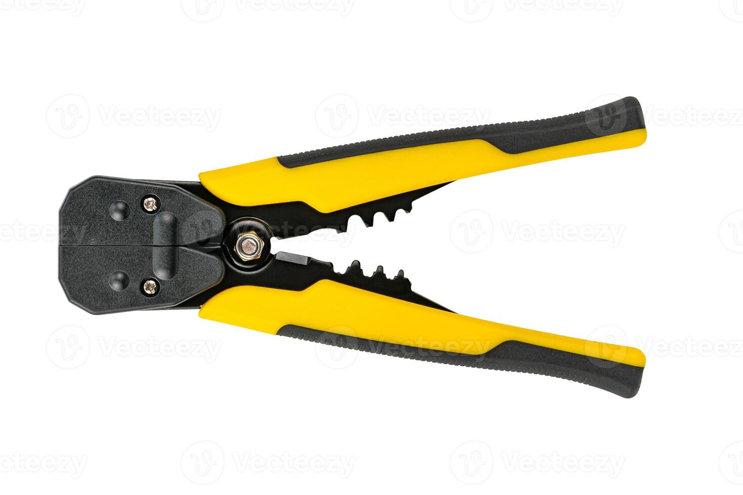 Top view closeup black and yellow handles wire cutters isolated on white background with clipping path. photo