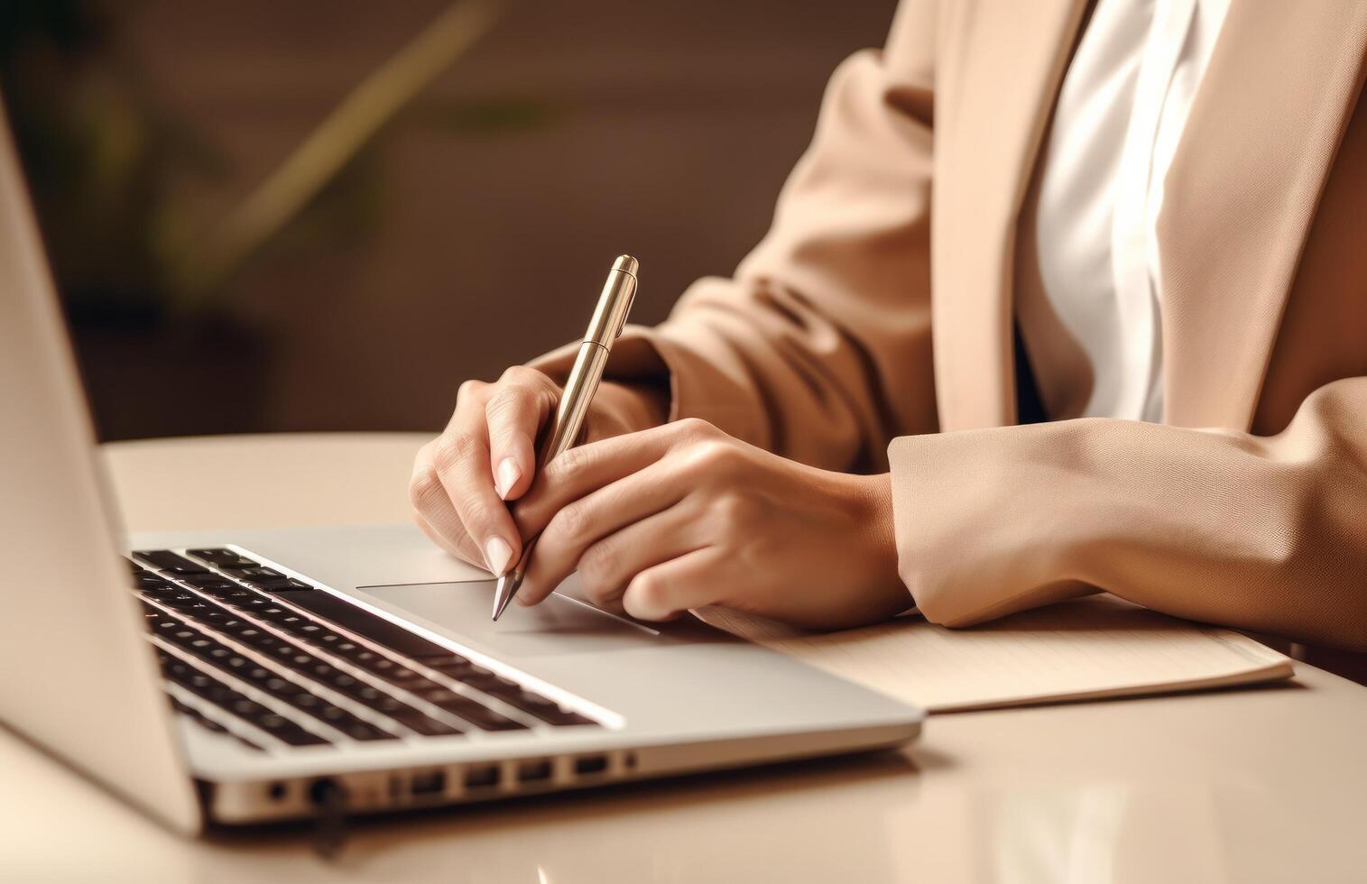 ai generado un mujer de negocios escribe en un antiguo cuaderno mientras sentado siguiente a un ordenador portátil teclado foto