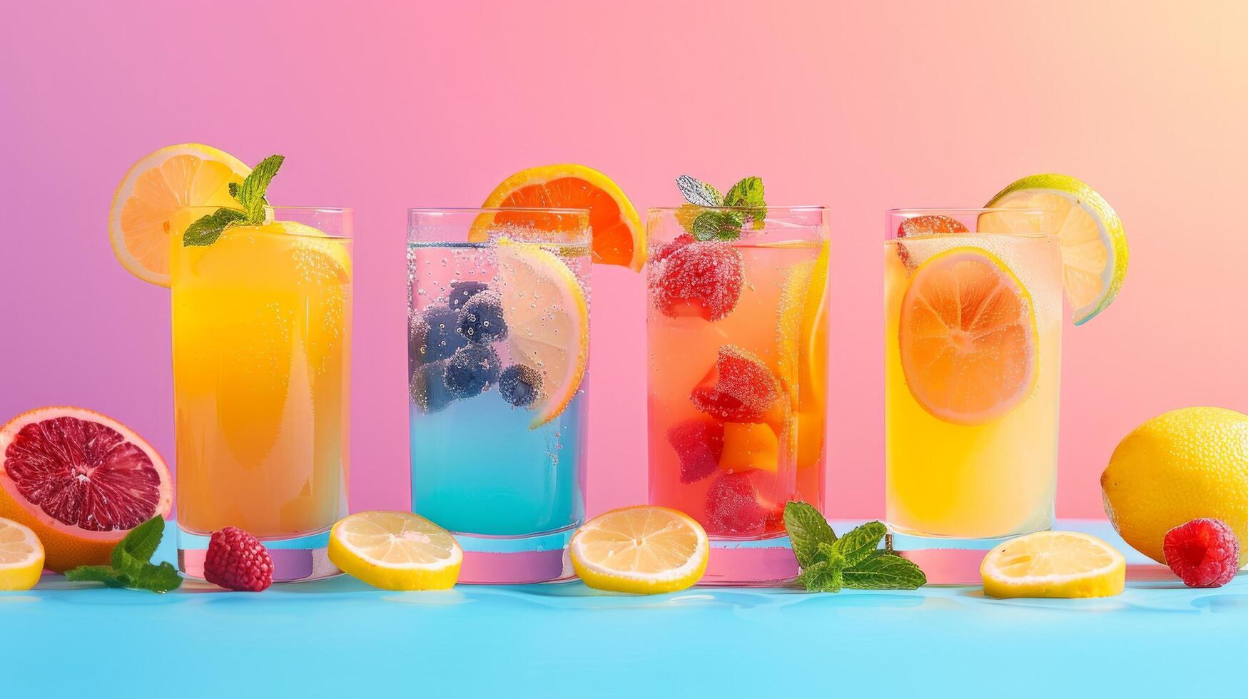 AI generated A minimalist arrangement of colorful summer drinks, including lemonade and fruit smoothies photo