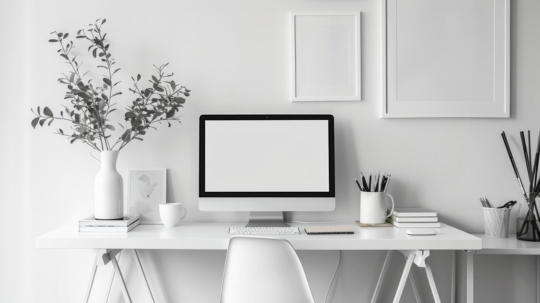 AI generated A minimalist home office with a simple desk, ergonomic chair photo
