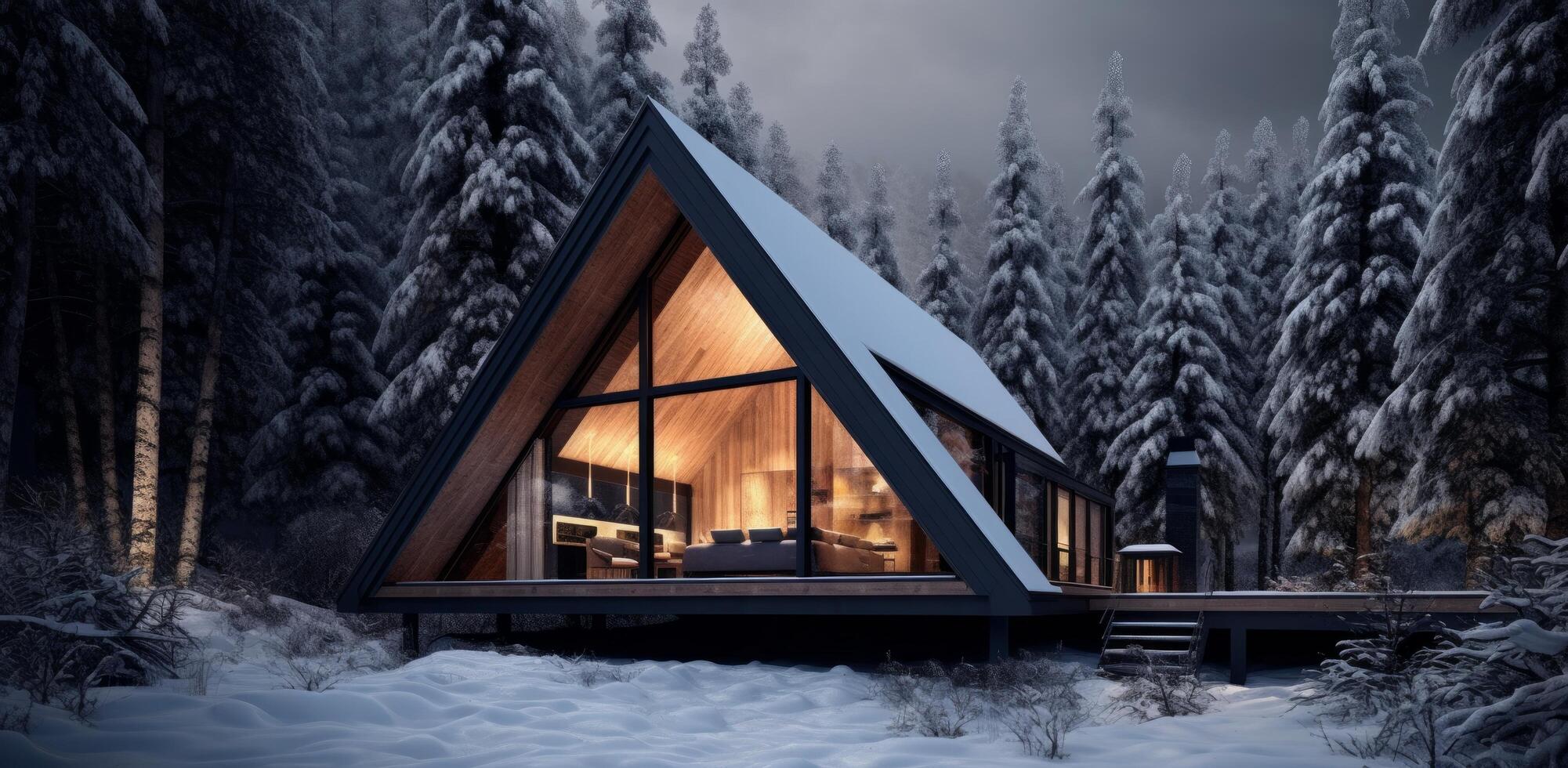 AI generated a cabin in the middle of snow covered trees photo