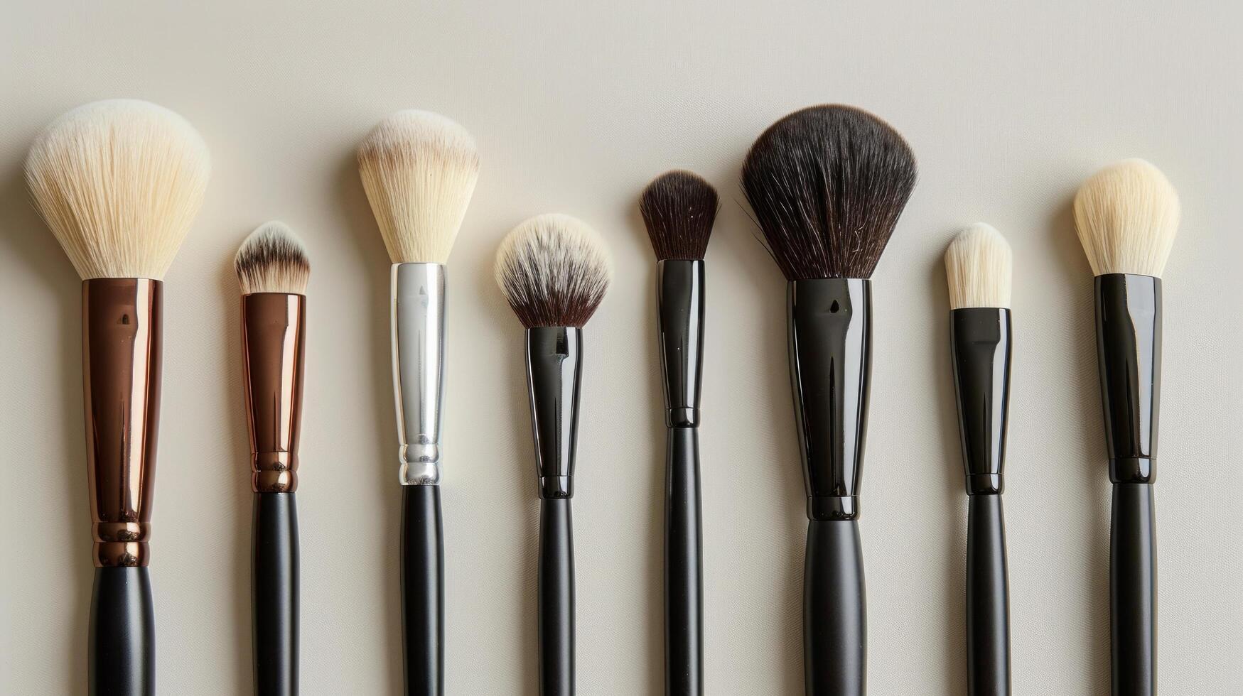 AI generated set of makeup brushes arranged neatly on a white background photo