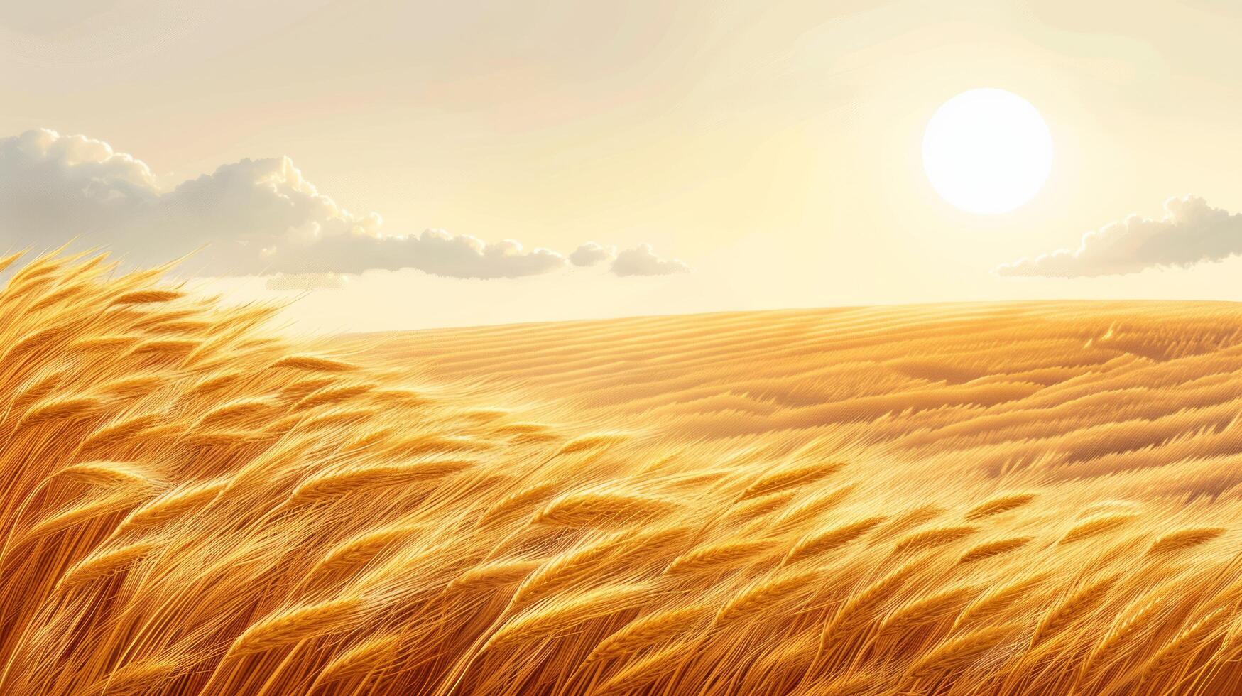 AI generated golden wheat field, with ripe wheat swaying in wind and the sun casting a warm glow over the scene photo
