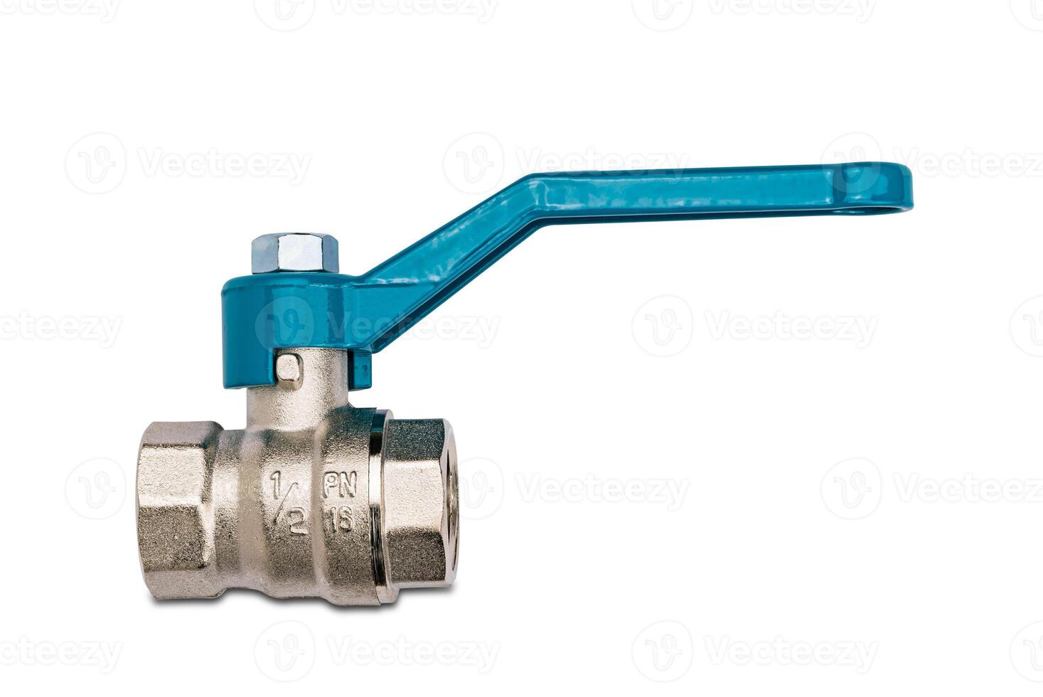 Side view closeup of metal water ball valve with blue handle isolated on white background with clipping path. photo