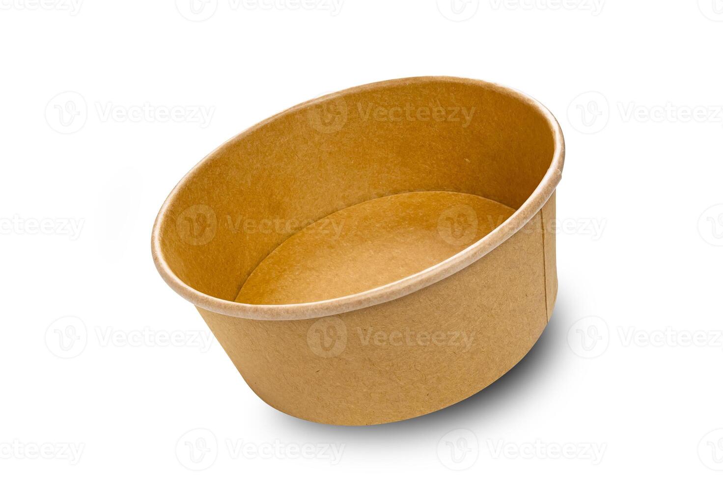 Side view closeup of empty single brown paper bowl isolated on white background with clipping path. photo