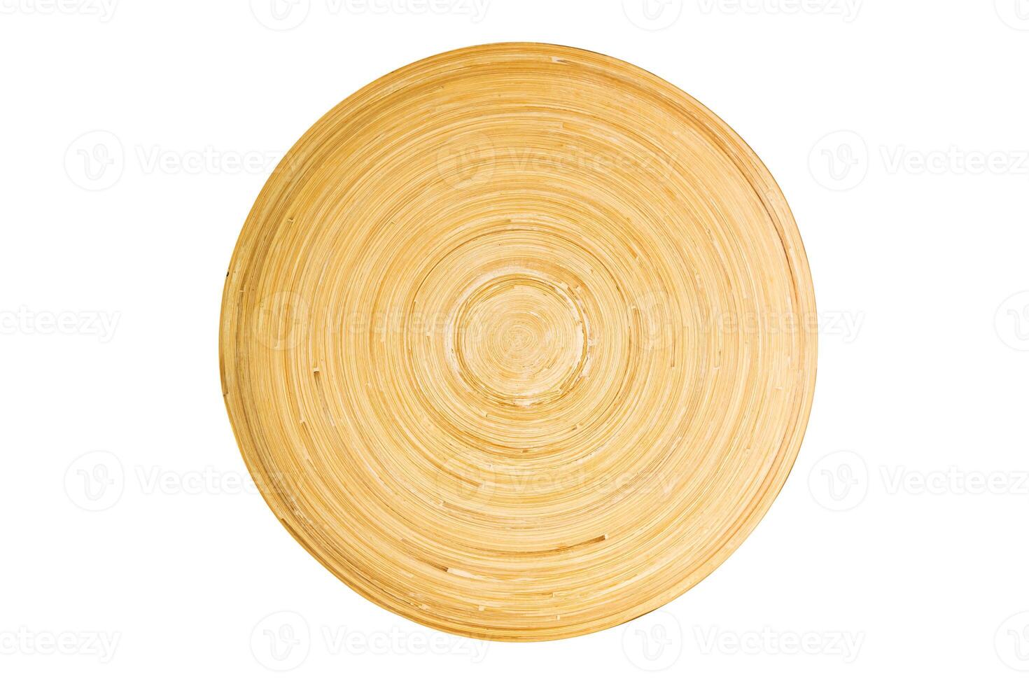 Pattern of kitchen utensil wooden bamboo plate isolated on white background with clipping path top view closeup horizontal format. photo