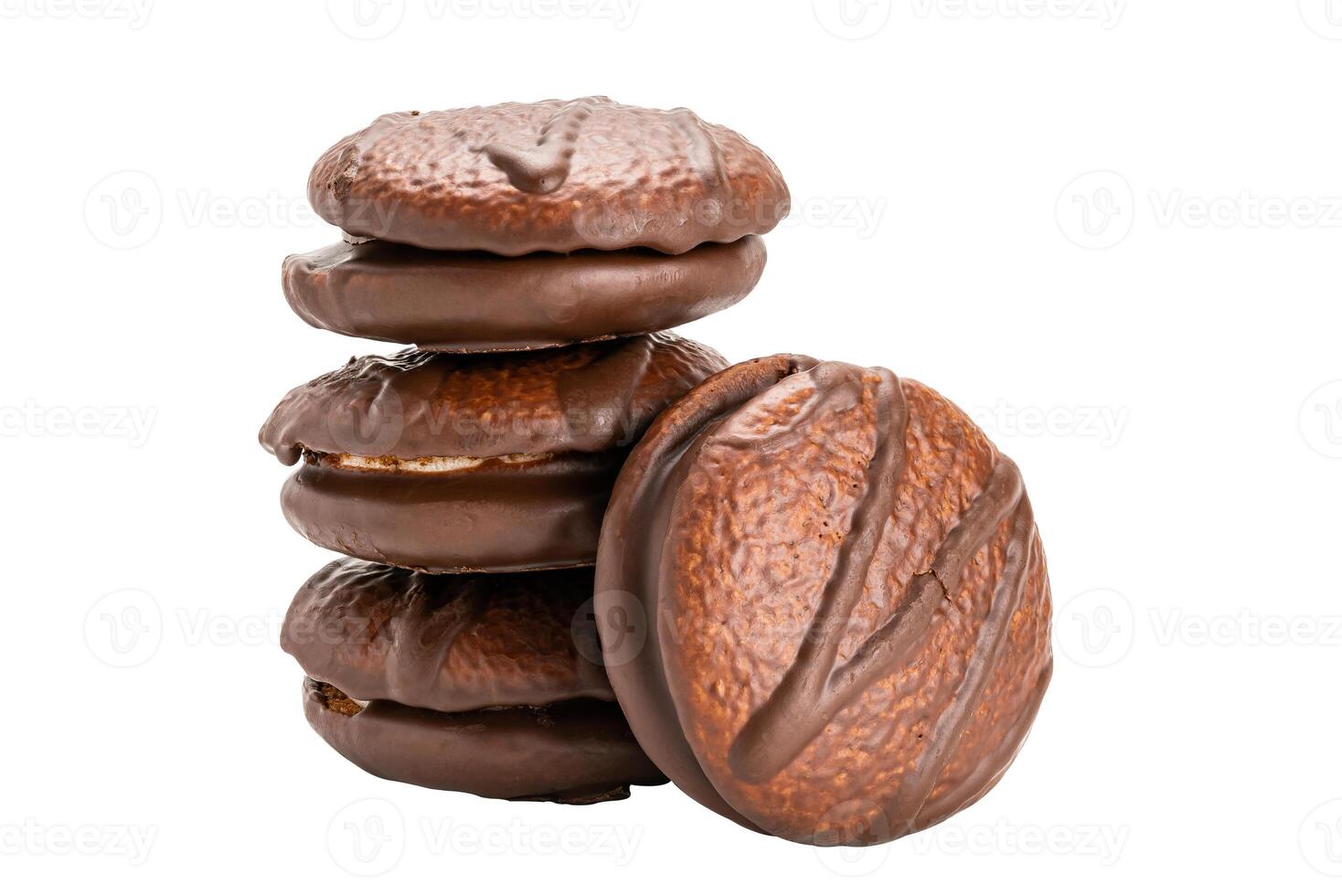 Stack of sweet cho co pie with marshmallow chocolate coated snack isolated on white background with clipping path. photo