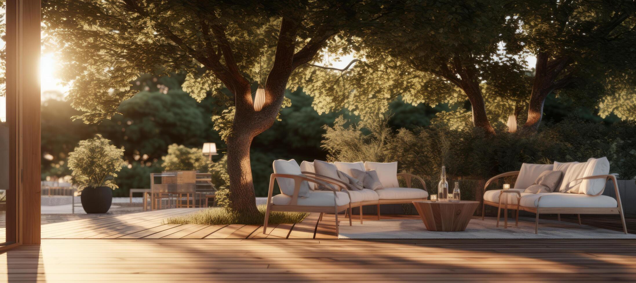AI generated a wooden deck with outdoor furniture near a large tree photo