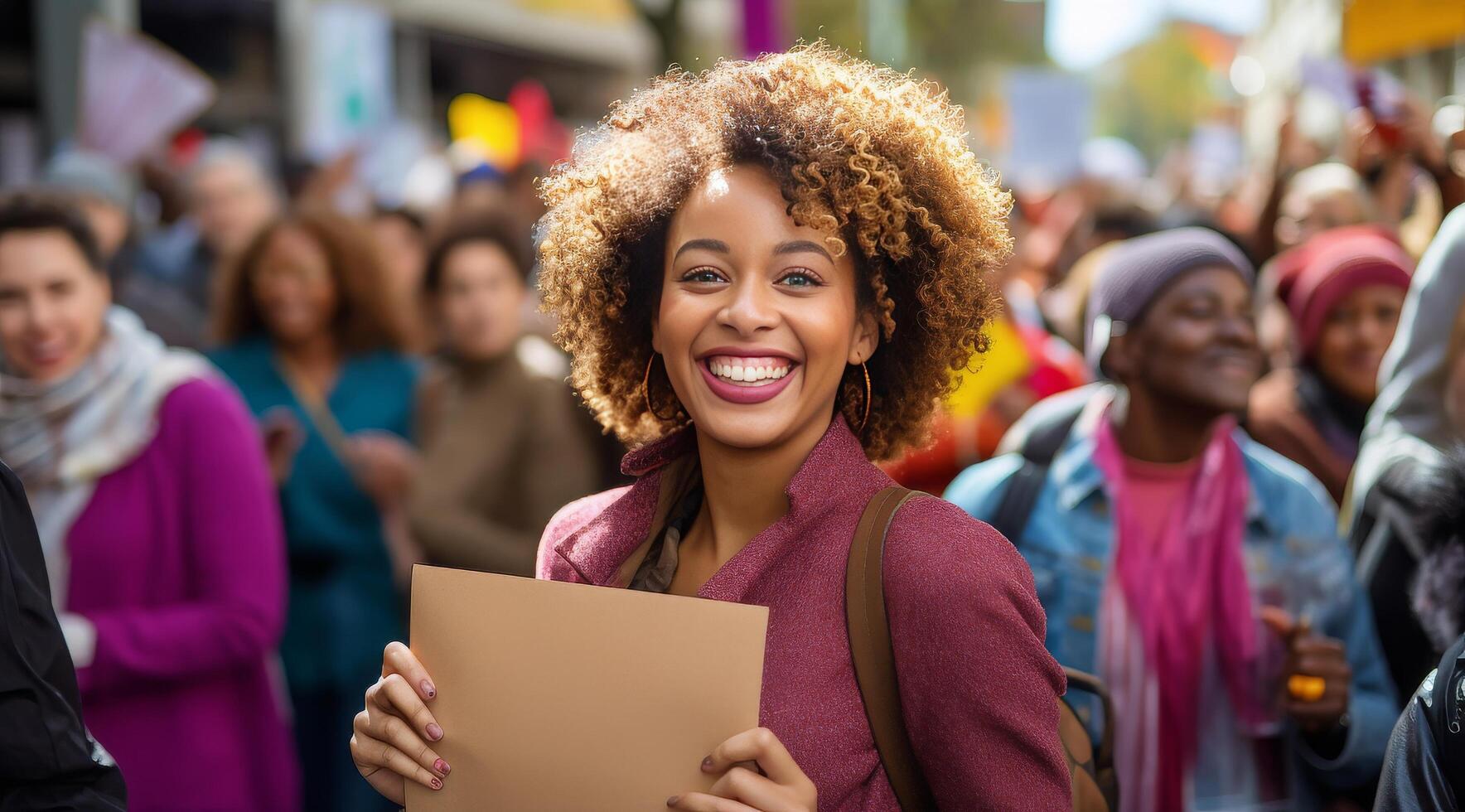 AI generated a woman is smiling while holding up a sign in front of a crowd of people photo