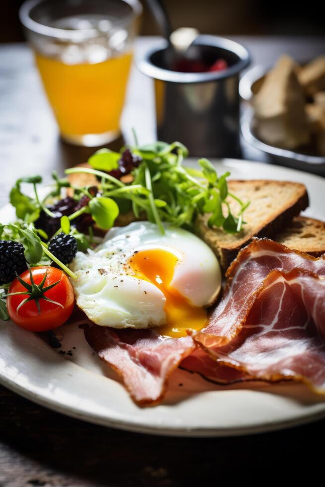 ai generado un artesanal Inglés desayuno, con en la zona de origen ingredientes y hecho en casa conservas foto