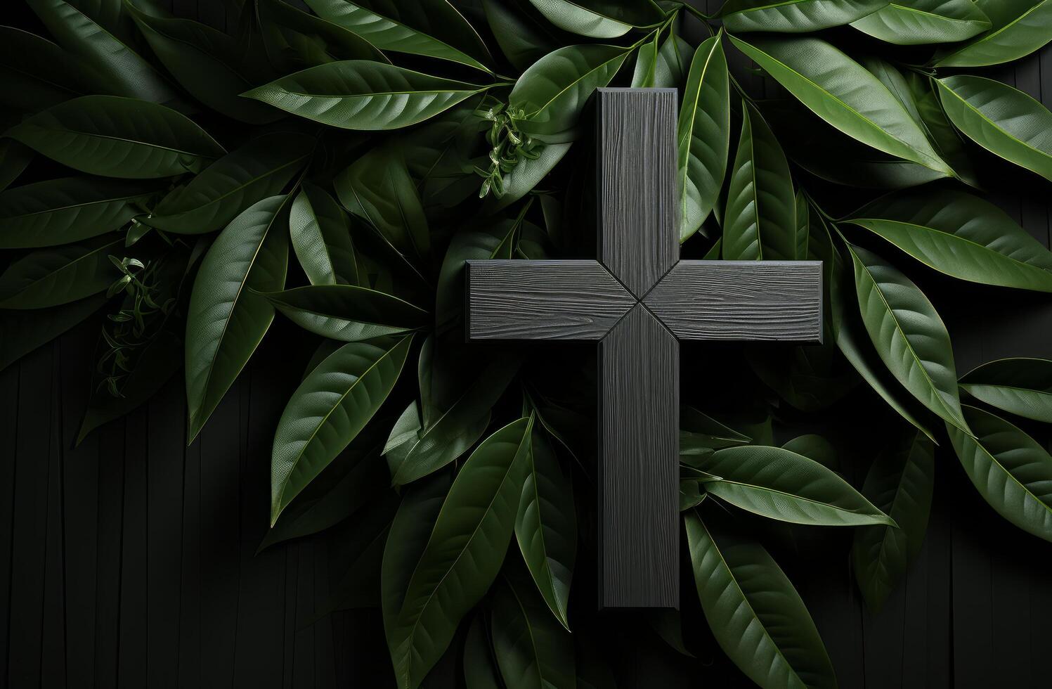 AI generated a wooden cross and a palm leaf on background photo