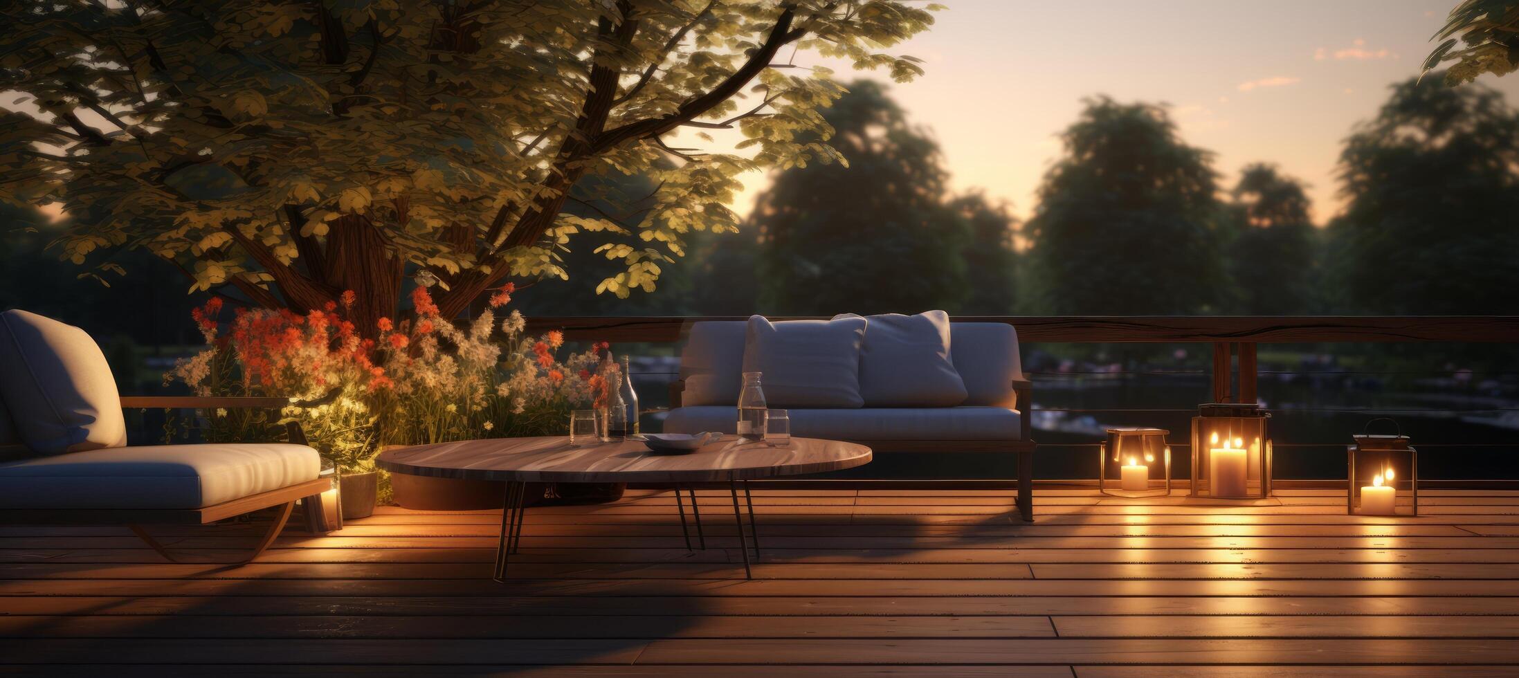 AI generated a wooden deck with outdoor furniture near a large tree photo