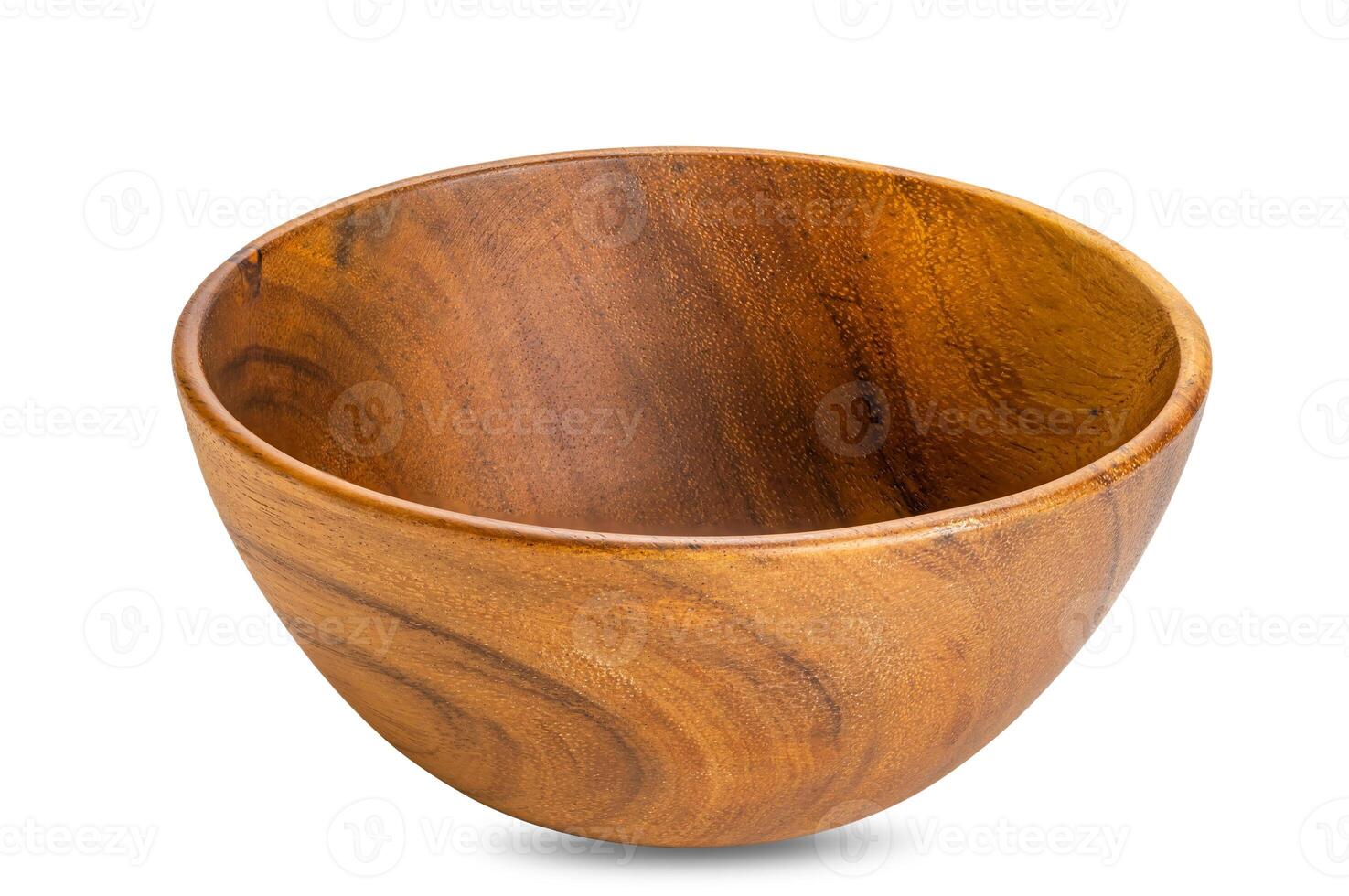 Closeup view of deep empty wooden bowl isolated on white baclground with clipping path. photo