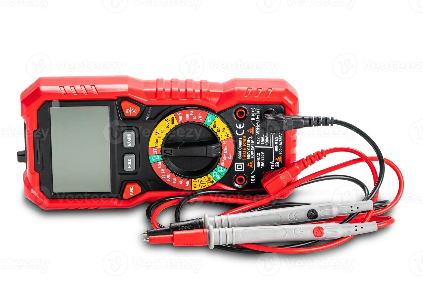 Side view of red portable digital multimeters or multitester with test leads and probes on white background contain clipping path. photo