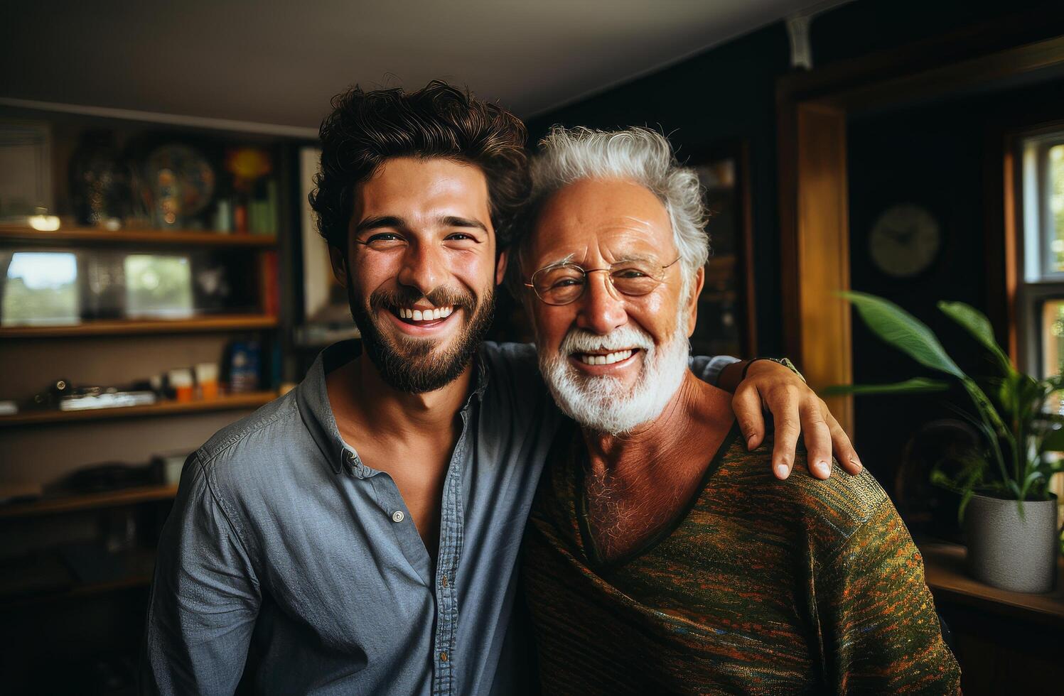 ai generado dos hombres sentado en el sofá y sonriente foto