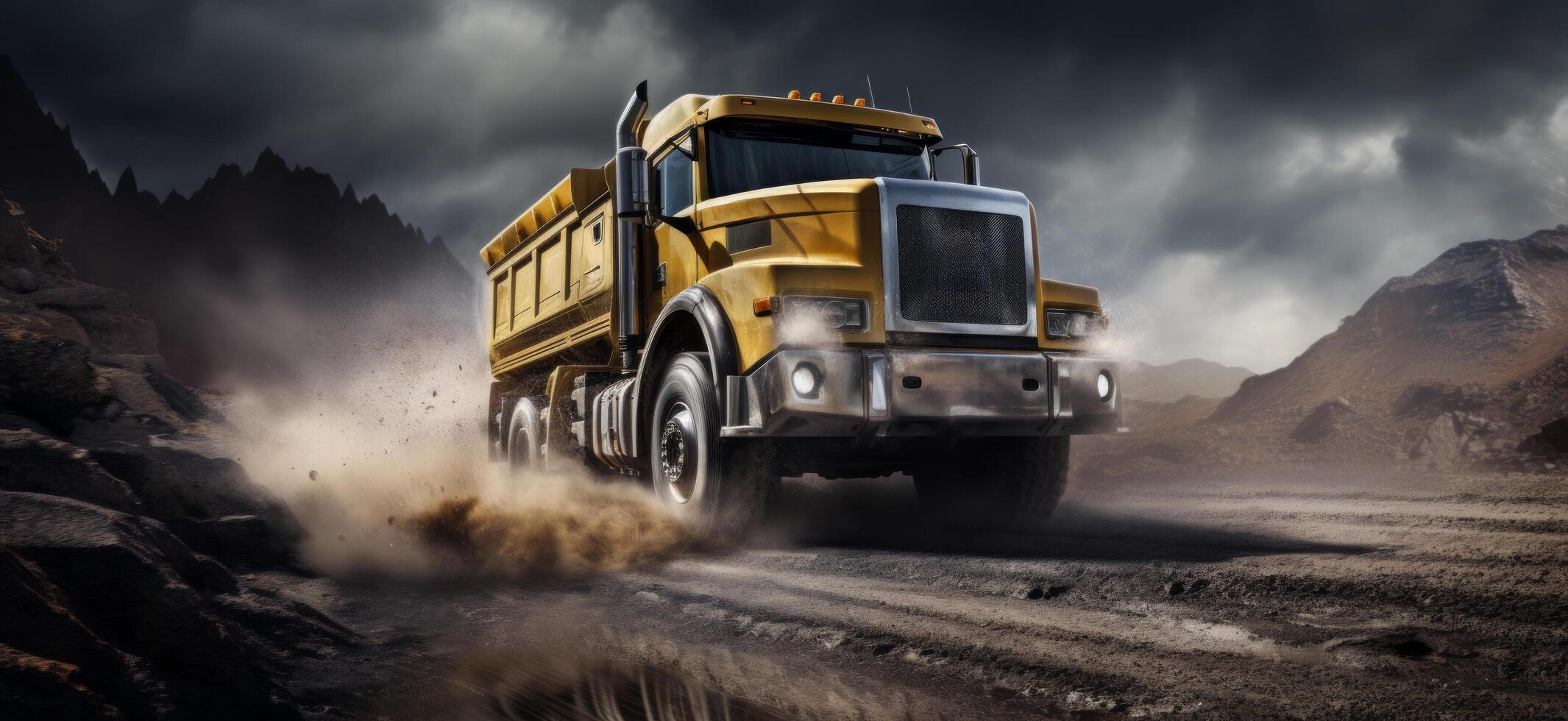 AI generated a huge dump truck driving through a dark field photo