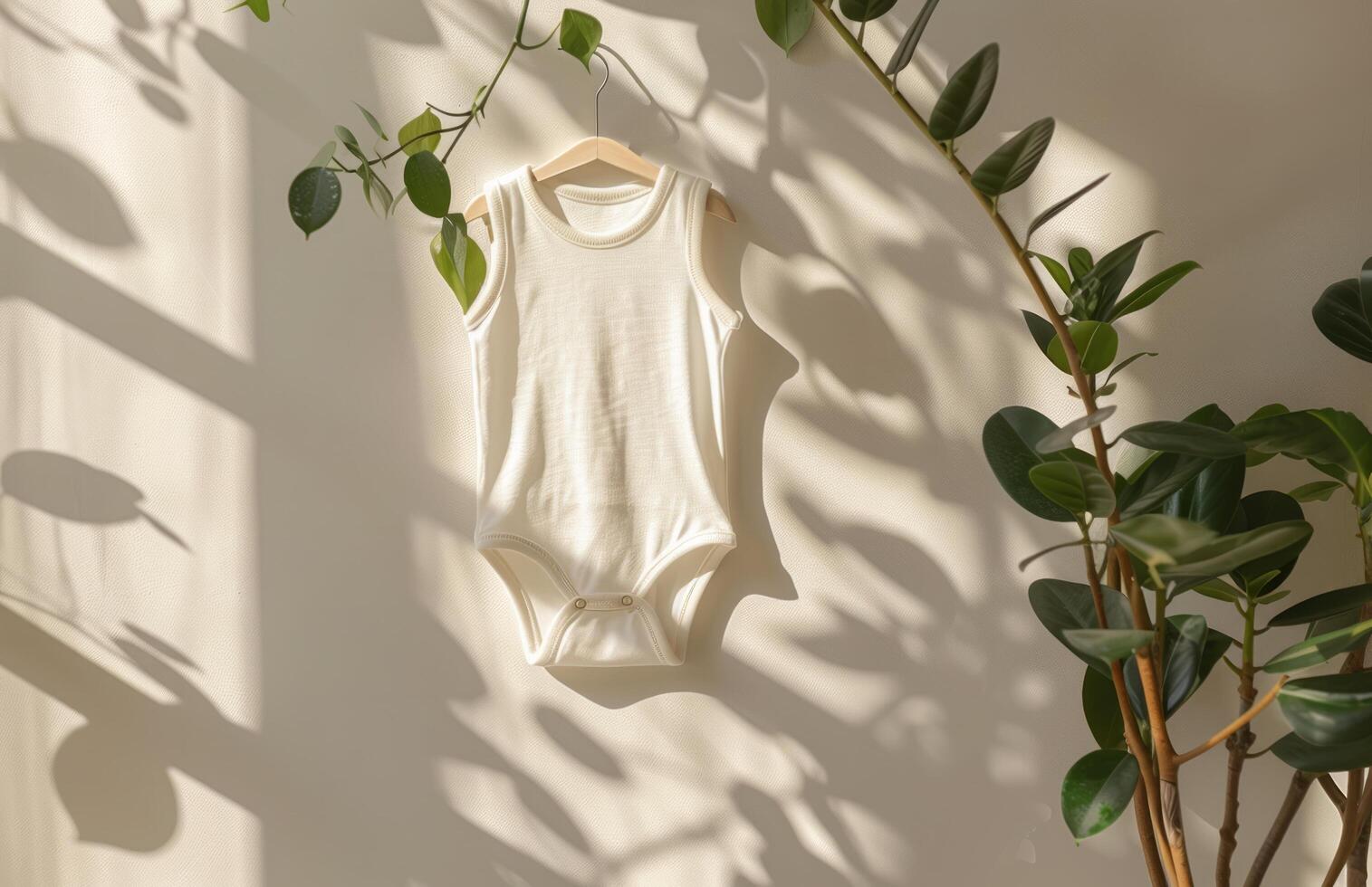 AI generated a baby one pieces hanging above a plant photo