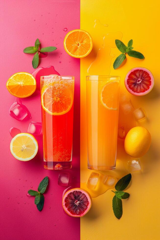 AI generated A minimalist arrangement of colorful summer drinks like lemonade and fruit smoothies photo