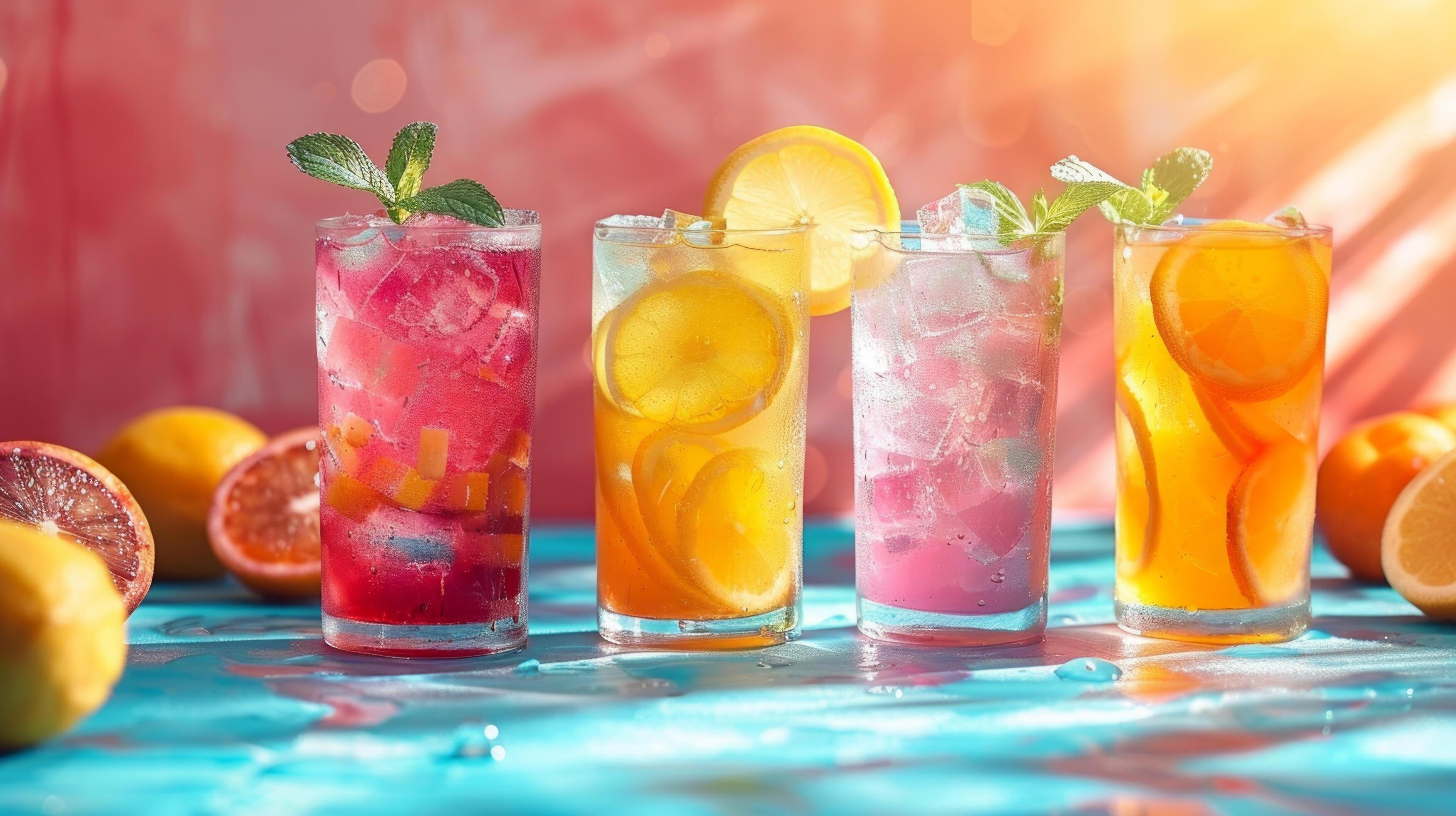 AI generated A minimalist arrangement of colorful summer drinks like lemonade and fruit