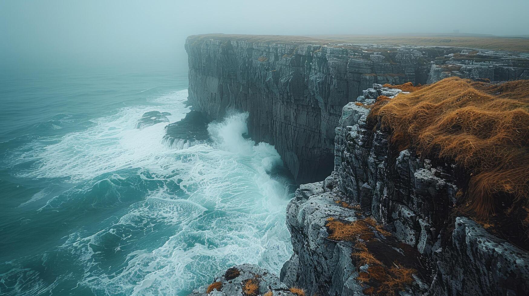 AI generated rugged coastline, with cliffs plunging into the sea and waves crashing against the rocks photo