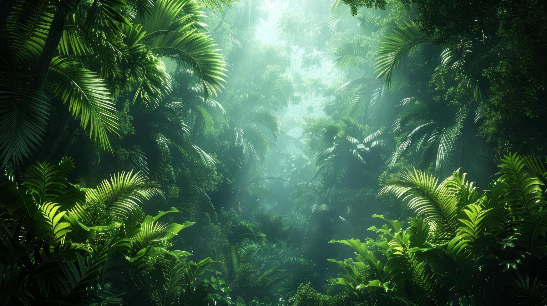 AI generated tropical rainforest, with towering trees and dense greenery, providing a lush photo