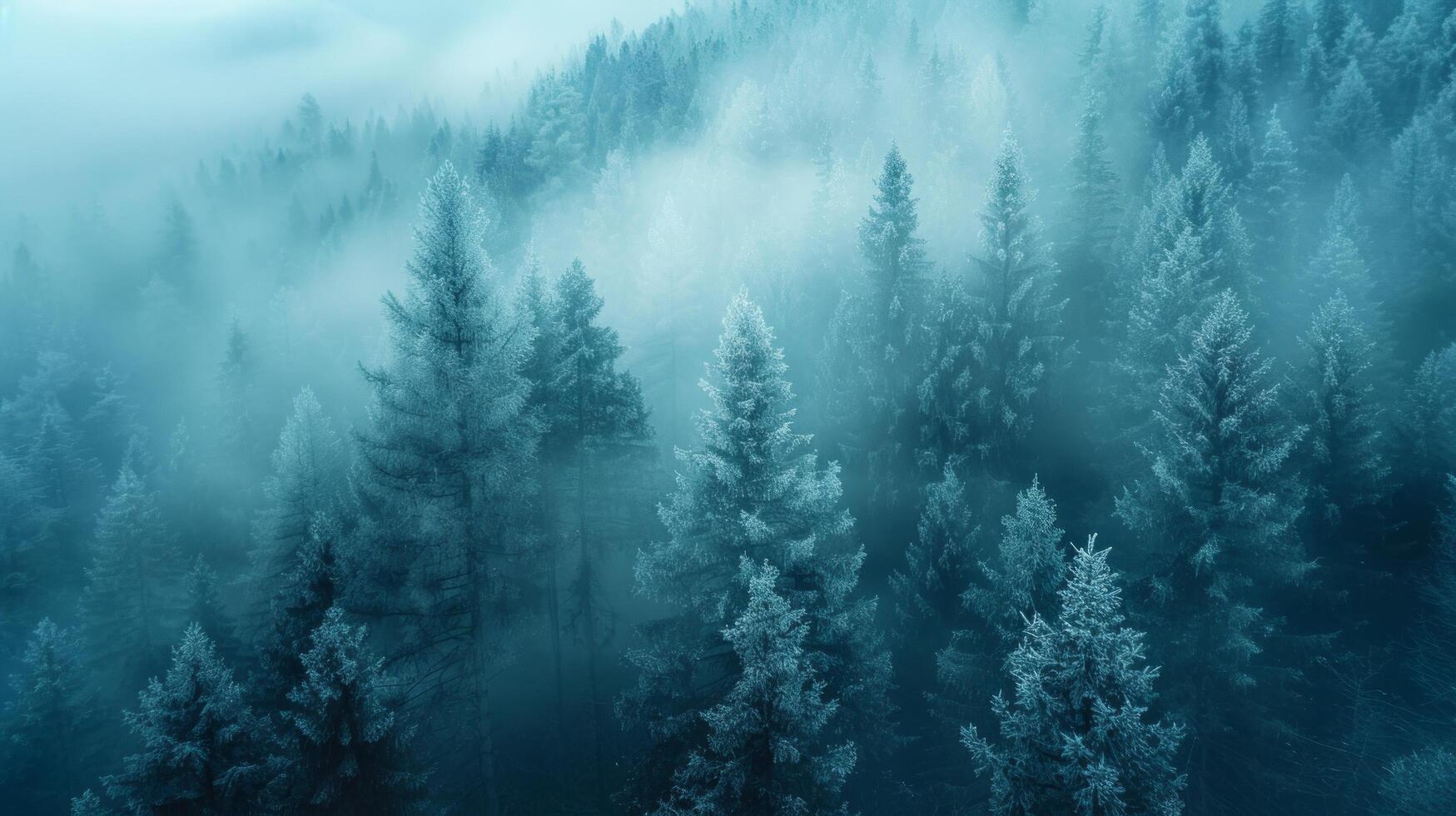 AI generated A minimalist photograph of a misty forest, with tall trees fading into the fog and soft photo