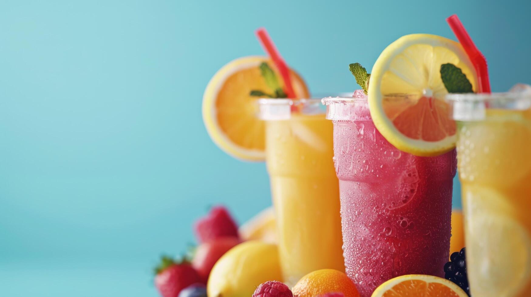 AI generated A minimalist arrangement of colorful summer drinks, including lemonade and fruit smoothies photo