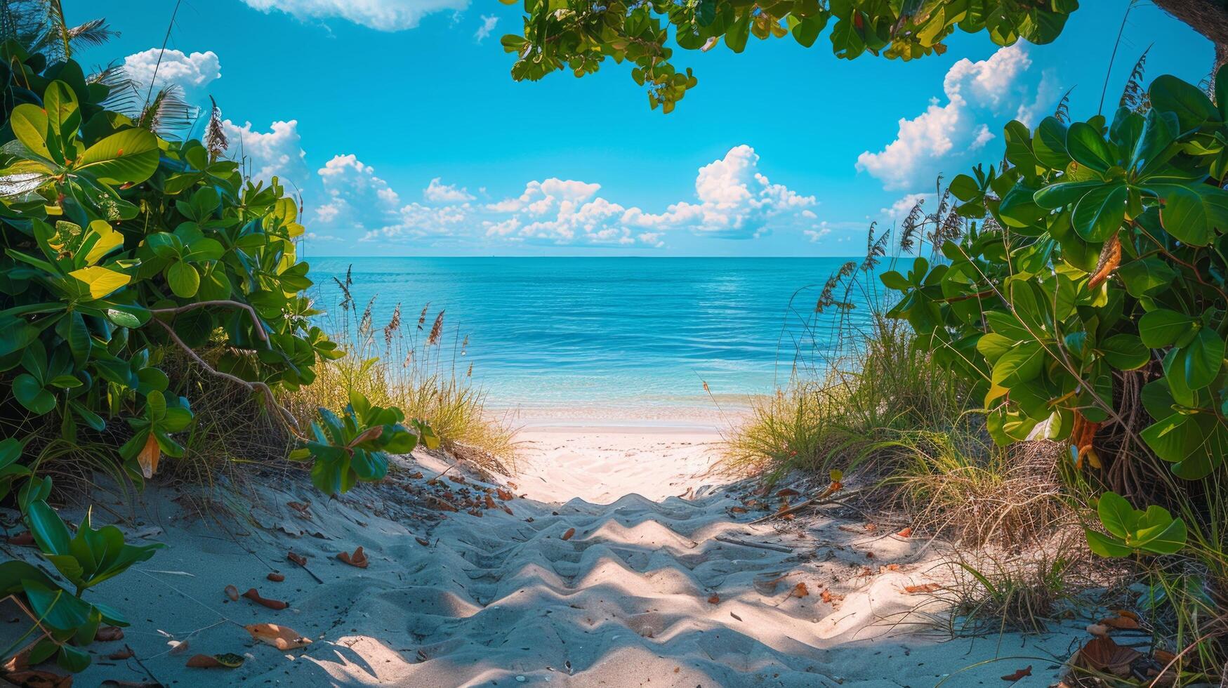 AI generated sandy path leading to the beach, with lush greenery on either side and a clear blue sky above photo