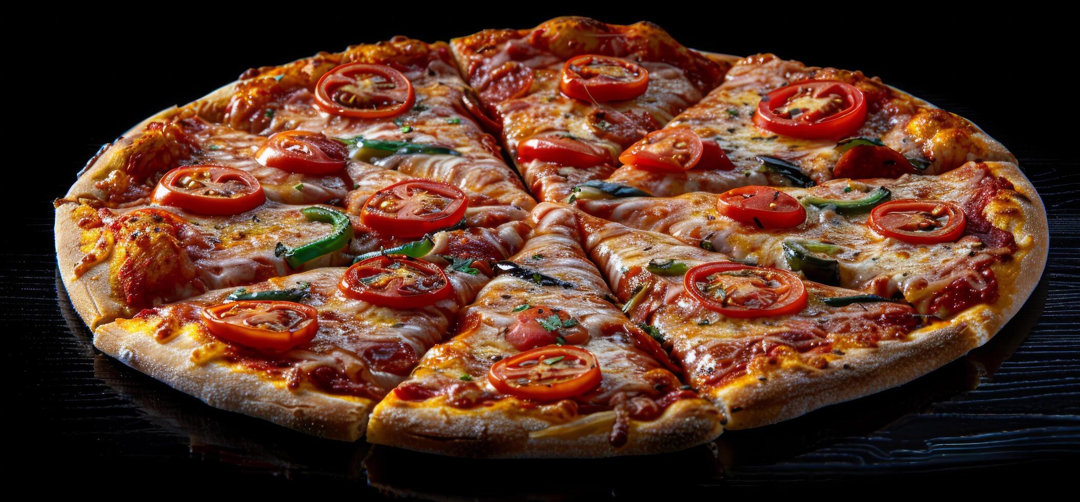 AI generated a pizza with tomatoes, peppers, sauce and a slice missing photo