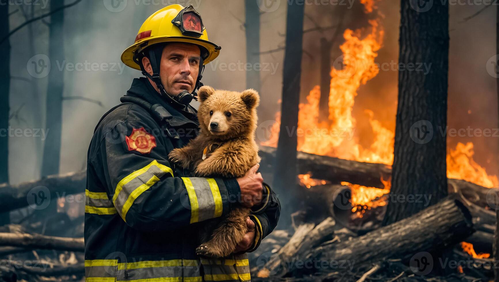 ai generado hombre bombero sostiene un rescatado pequeño osito de peluche oso en su brazos fauna silvestre foto
