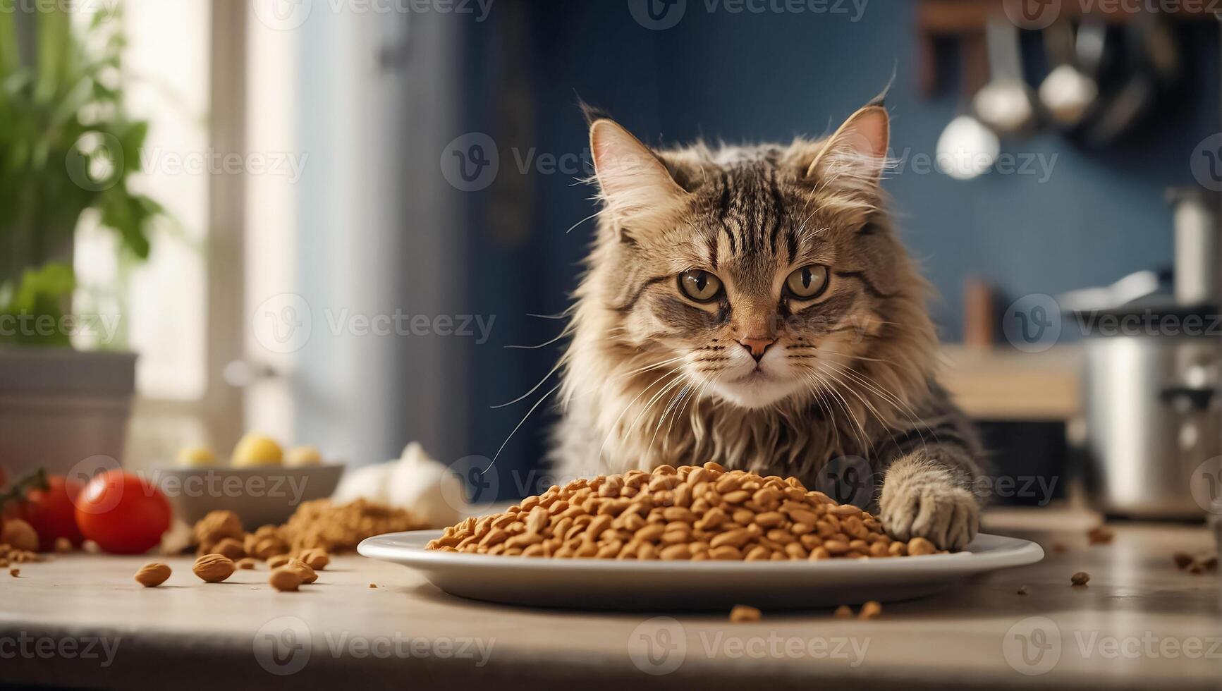 AI generated cute cat hungry with dry food home photo