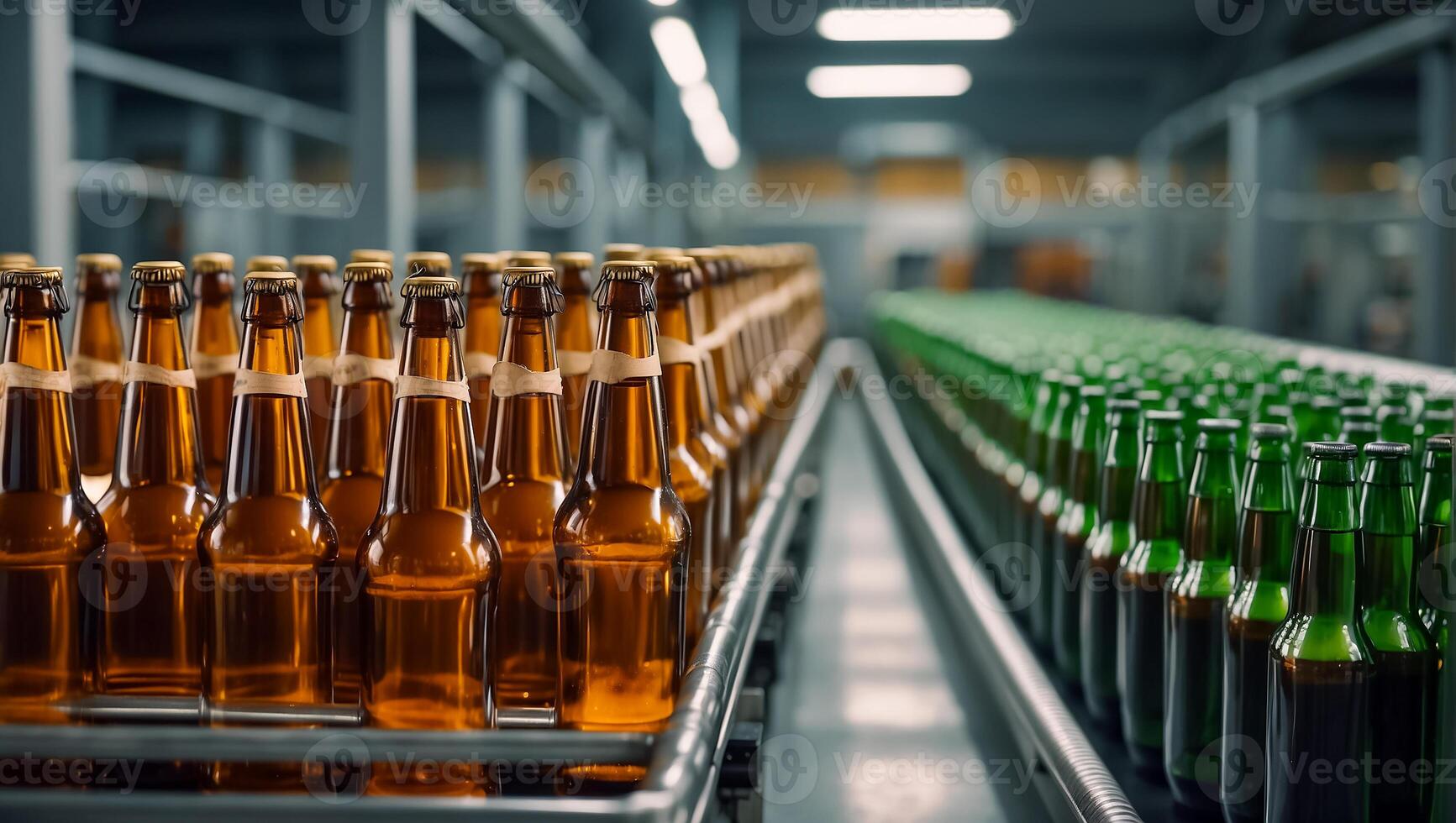 AI generated glass beer bottles on a conveyor belt photo