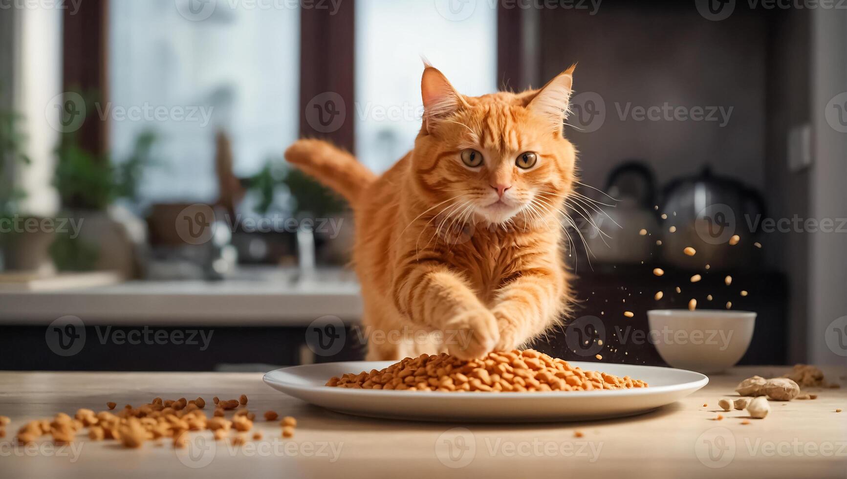 AI generated cute cat hungry with dry food home photo