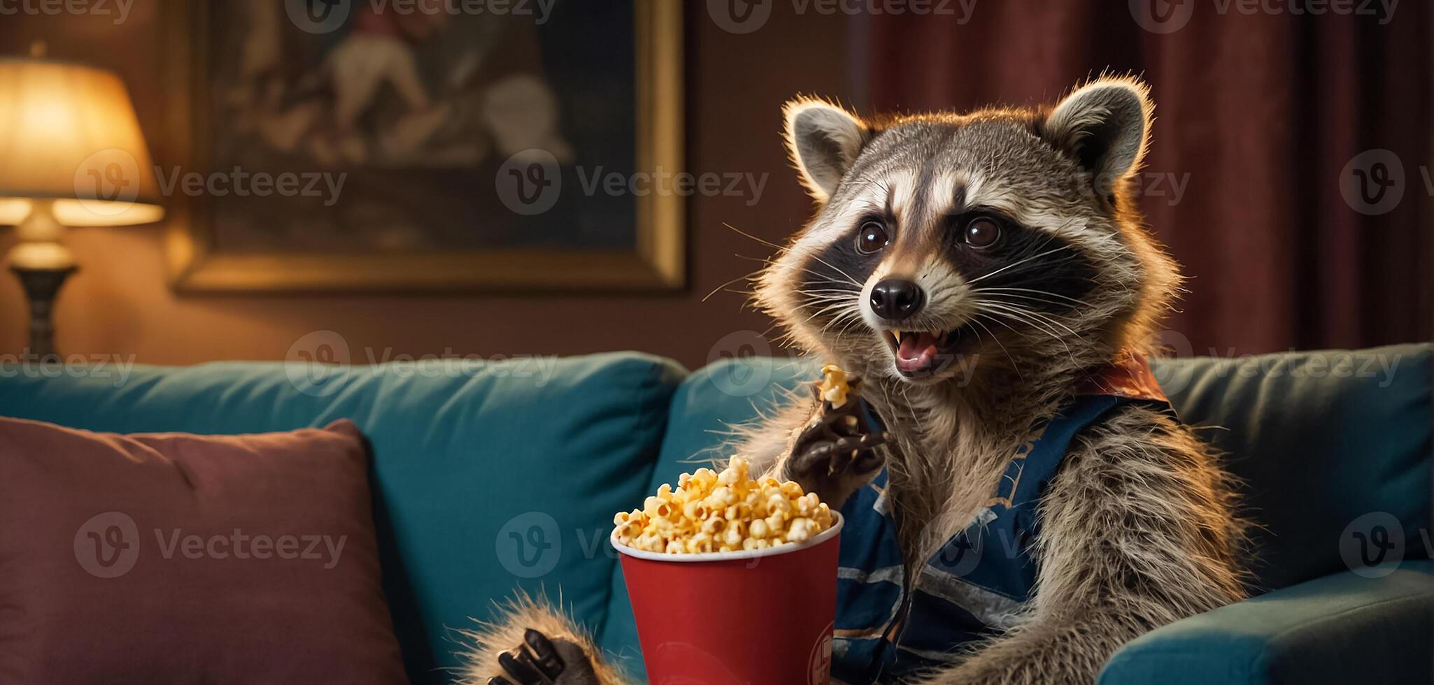 AI generated cute raccoon with popcorn at home photo