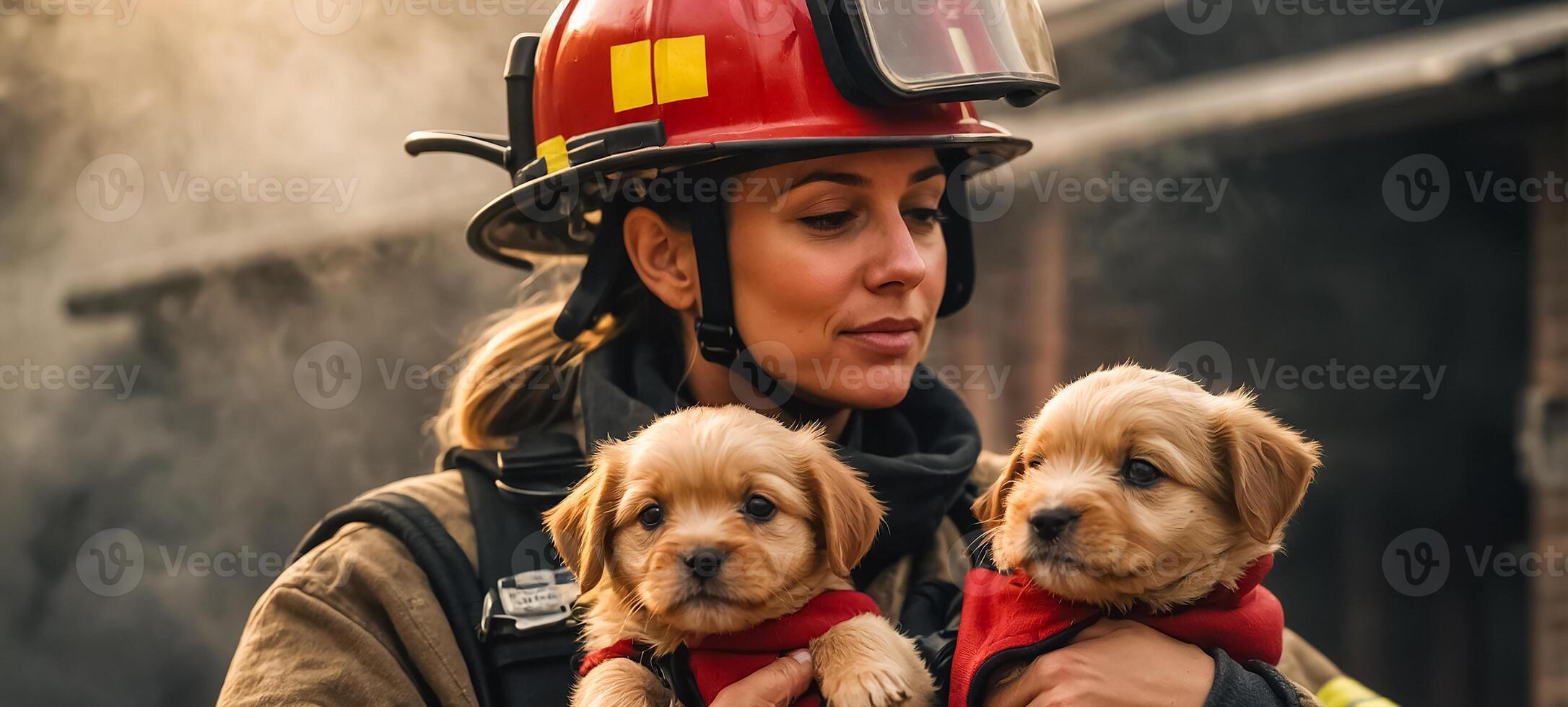 AI generated Portrait of a female firefighter holding a rescued puppy in her arms photo