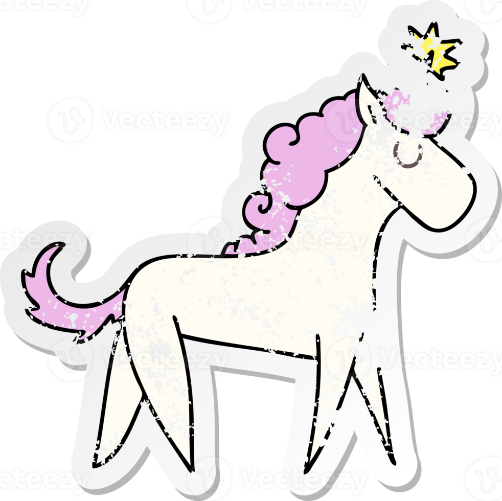 distressed sticker of a quirky hand drawn cartoon unicorn png