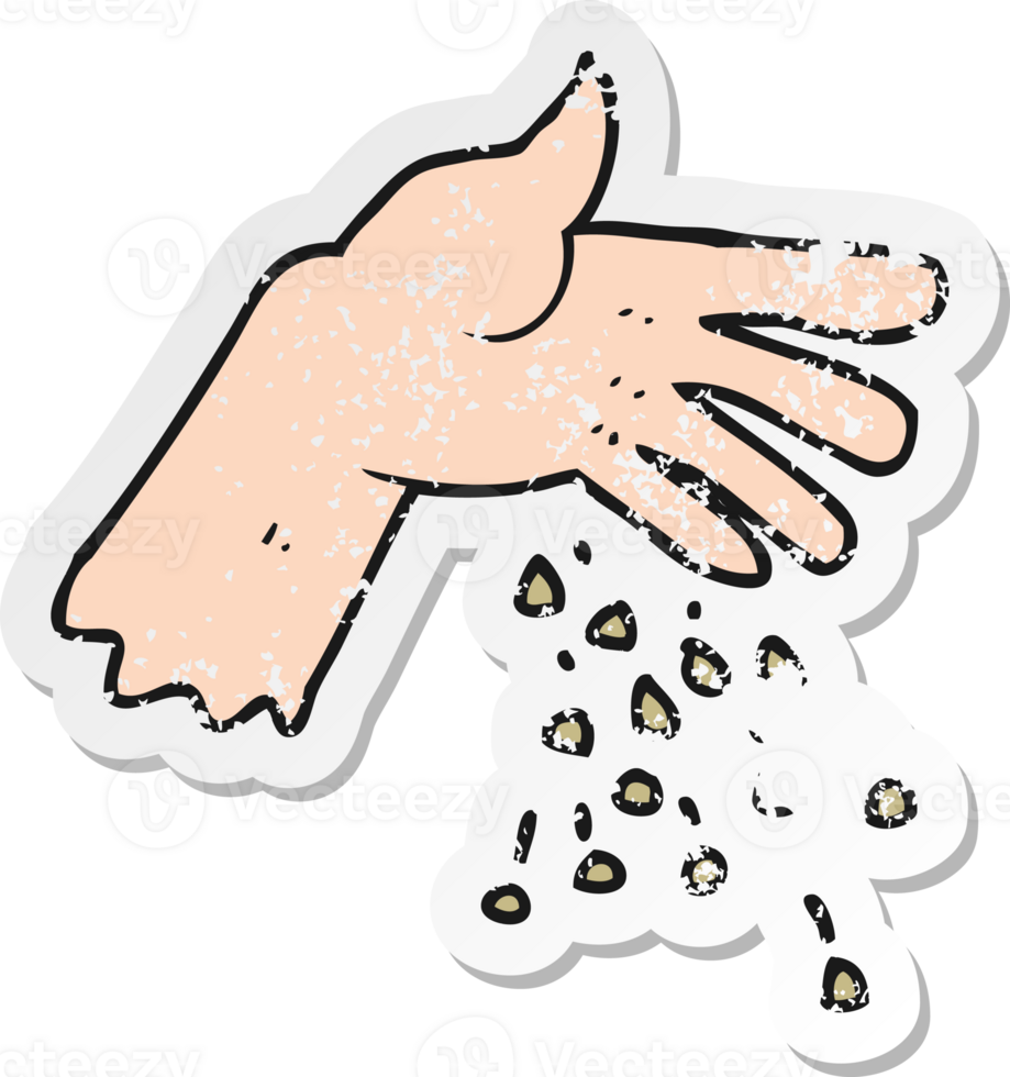 retro distressed sticker of a cartoon hand spreading seeds png