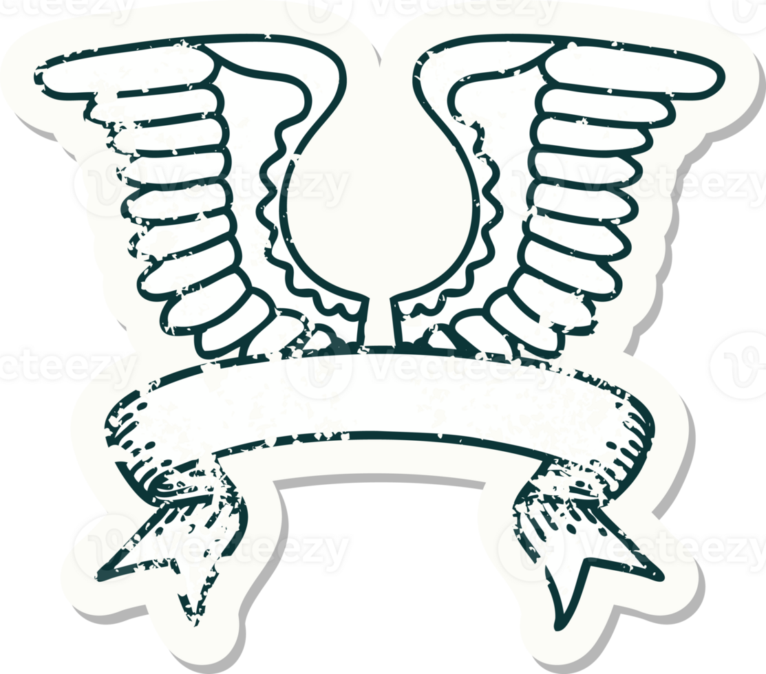 worn old sticker with banner of a wing png