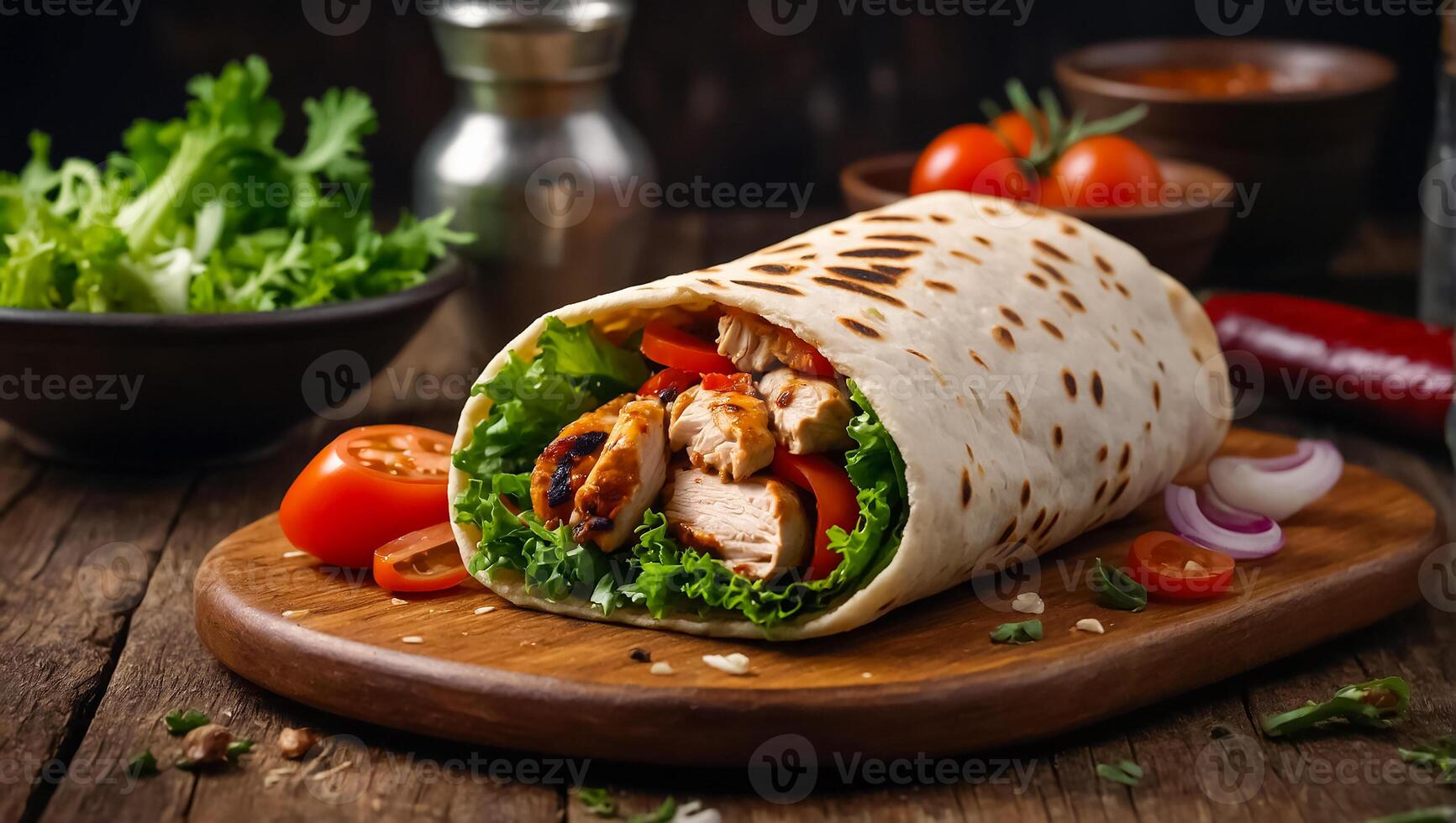 AI generated Delicious shawarma with chicken and vegetables in the kitchen photo