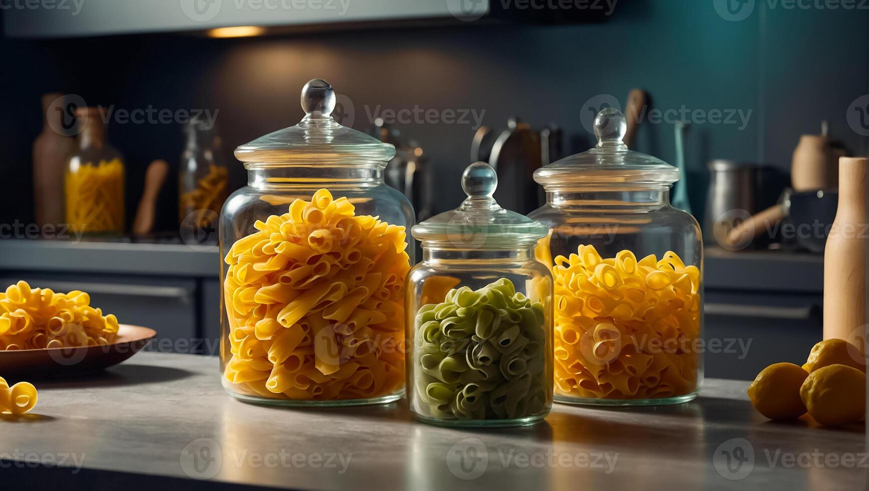 AI generated glass jars with dry assorted pasta in the kitchen photo