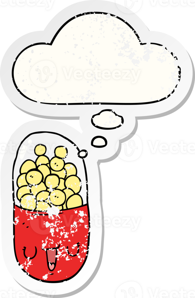 cartoon medical pill with thought bubble as a distressed worn sticker png