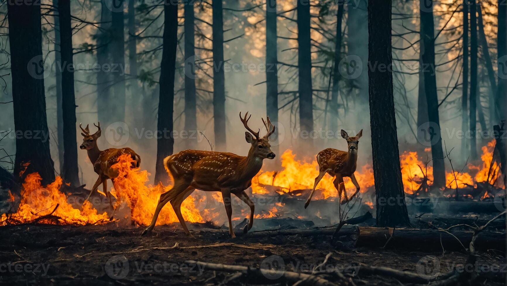 AI generated Deer forest fire, trees in smoke, flames photo